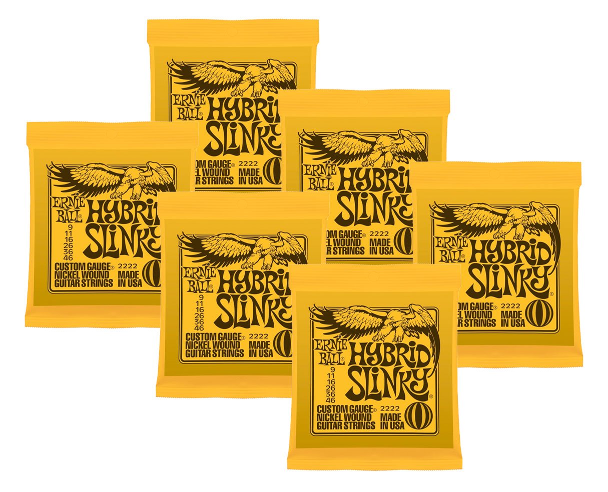 Ernie Ball Hybrid Slinky .009-.046 Electric Guitar Strings - Nickel Wound 6-Pack for Rock, Blues & Metal - Perfect for Stage & Studio Performance