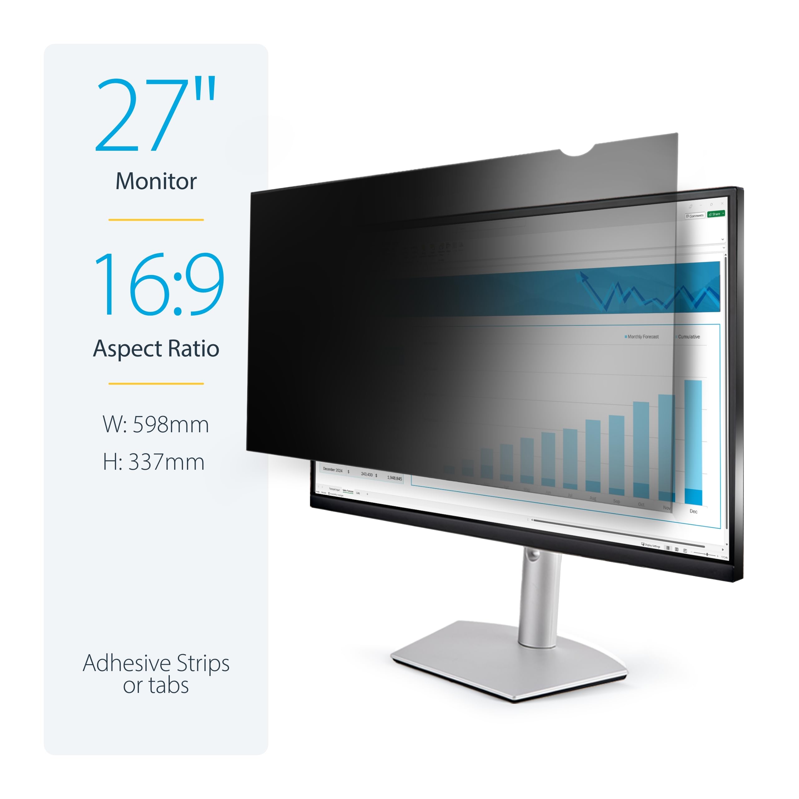 StarTech.com 27 Inch Computer Monitor Privacy Screen - Anti-Glare Blue Light Filter & Security Protector for 16:9 Widescreen Displays - TAA Compliant (Matte/Glossy, +/-30° Viewing Angle) - Perfect for Office Workstations, Home Desktops & Financial Data Protection
