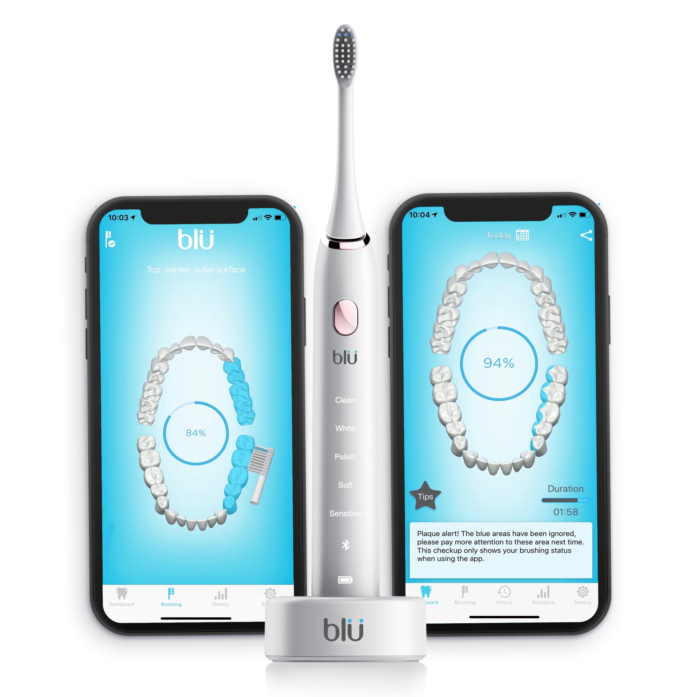 Blu Smart Electric Toothbrush for Adults - Sonic Power Toothbrush with Live Tracking App, Rechargeable & Waterproof (White) - Perfect for Travel, Home & Daily Oral Care