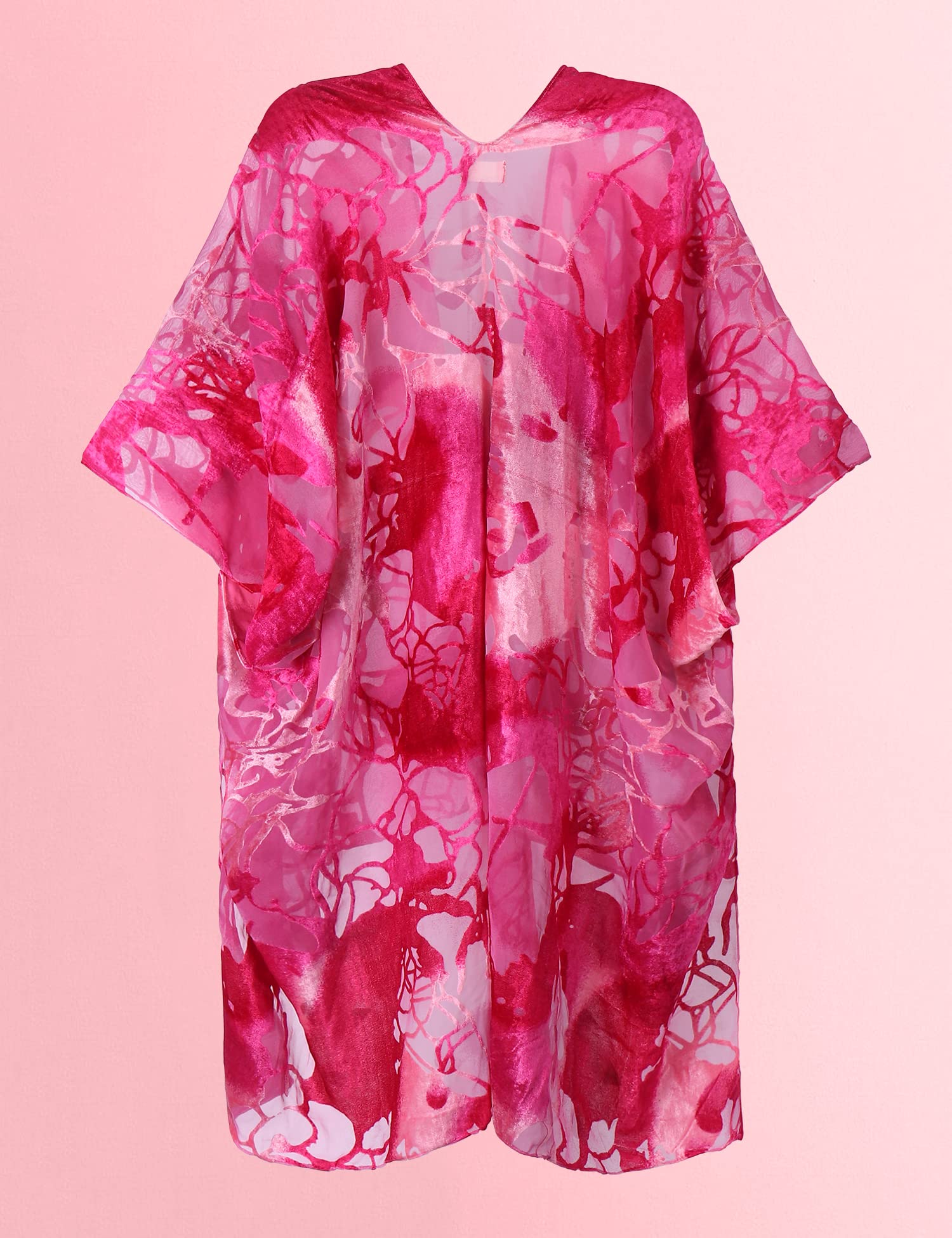 WeHello Women's Burnout Velvet Kimono Long Cardigan Cover Up - Soft Lightweight Open Front Duster Coat Without Tassel (Pink Floral Print) - Perfect for Beach Coverups, Loungewear, and Boho Outfits