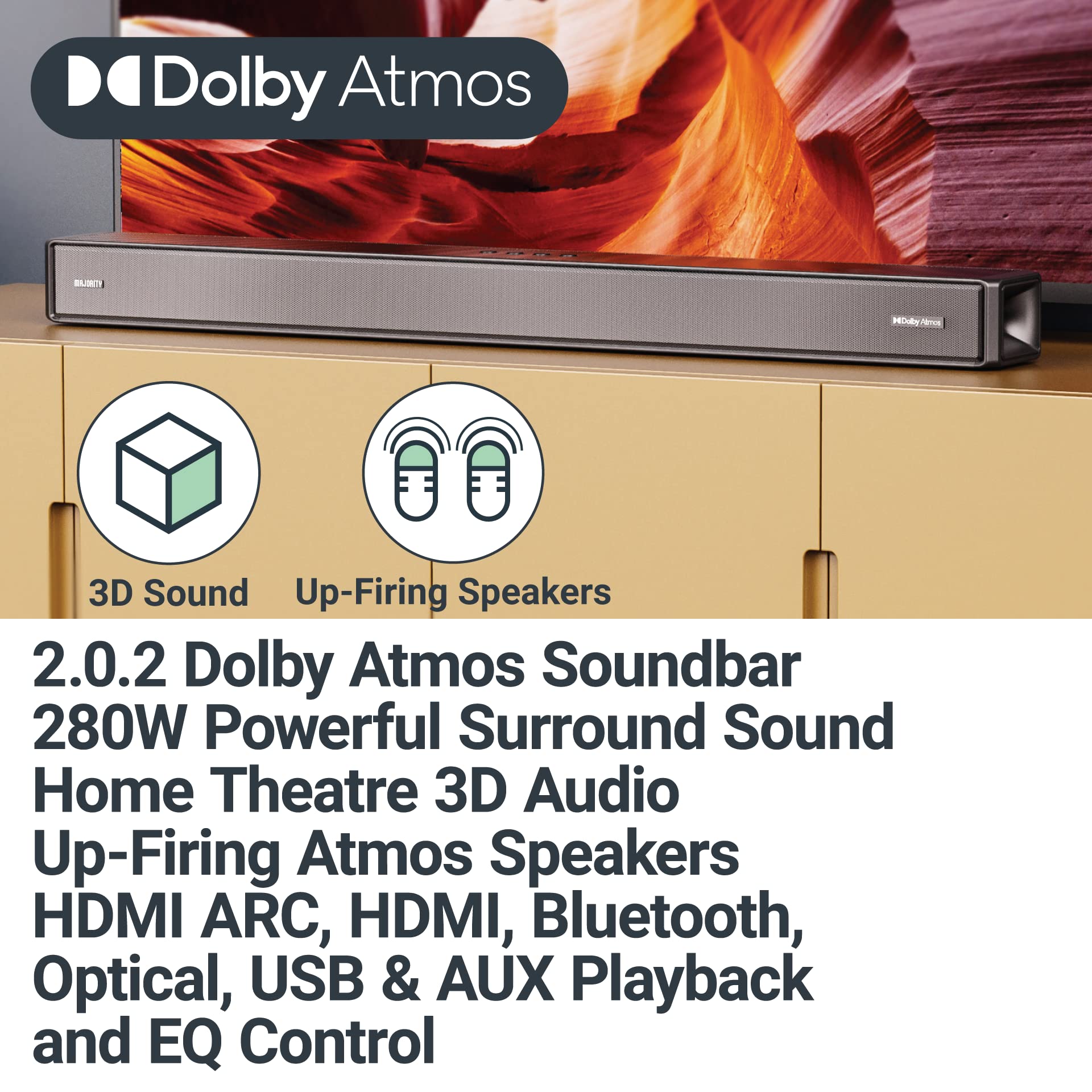 Majority Dolby Atmos Soundbar for TV - 280W Bluetooth Wireless Sound Bar 2.0.2 with HDMI ARC & Up-Firing Surround Speakers | Crystal Clear Audio for Movies, Gaming & Music | Perfect for Living Room & Home Theater Systems