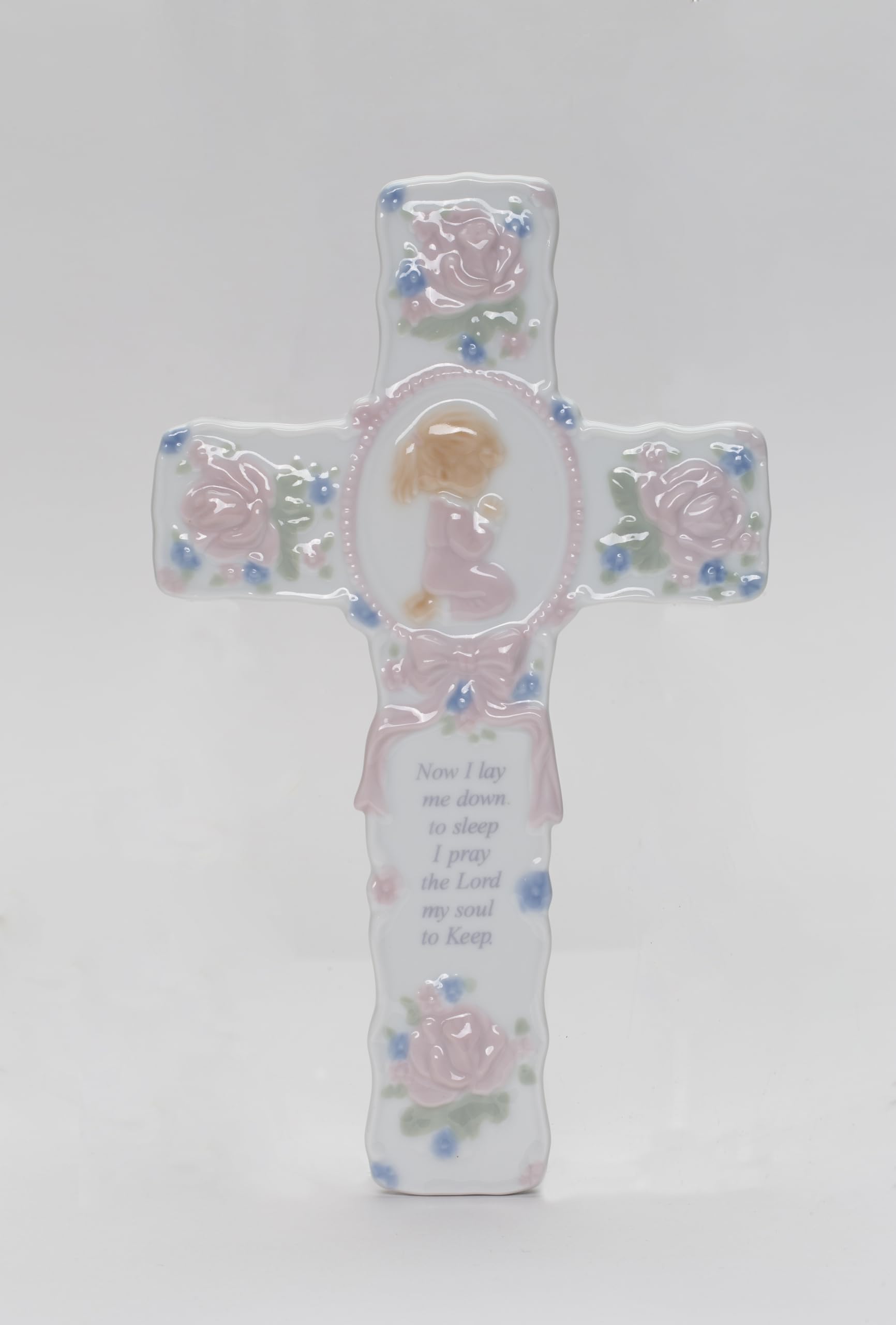 Fine Porcelain Praying Girl Figurine with Cross & Pink Ribbon - Home Decor & Gift