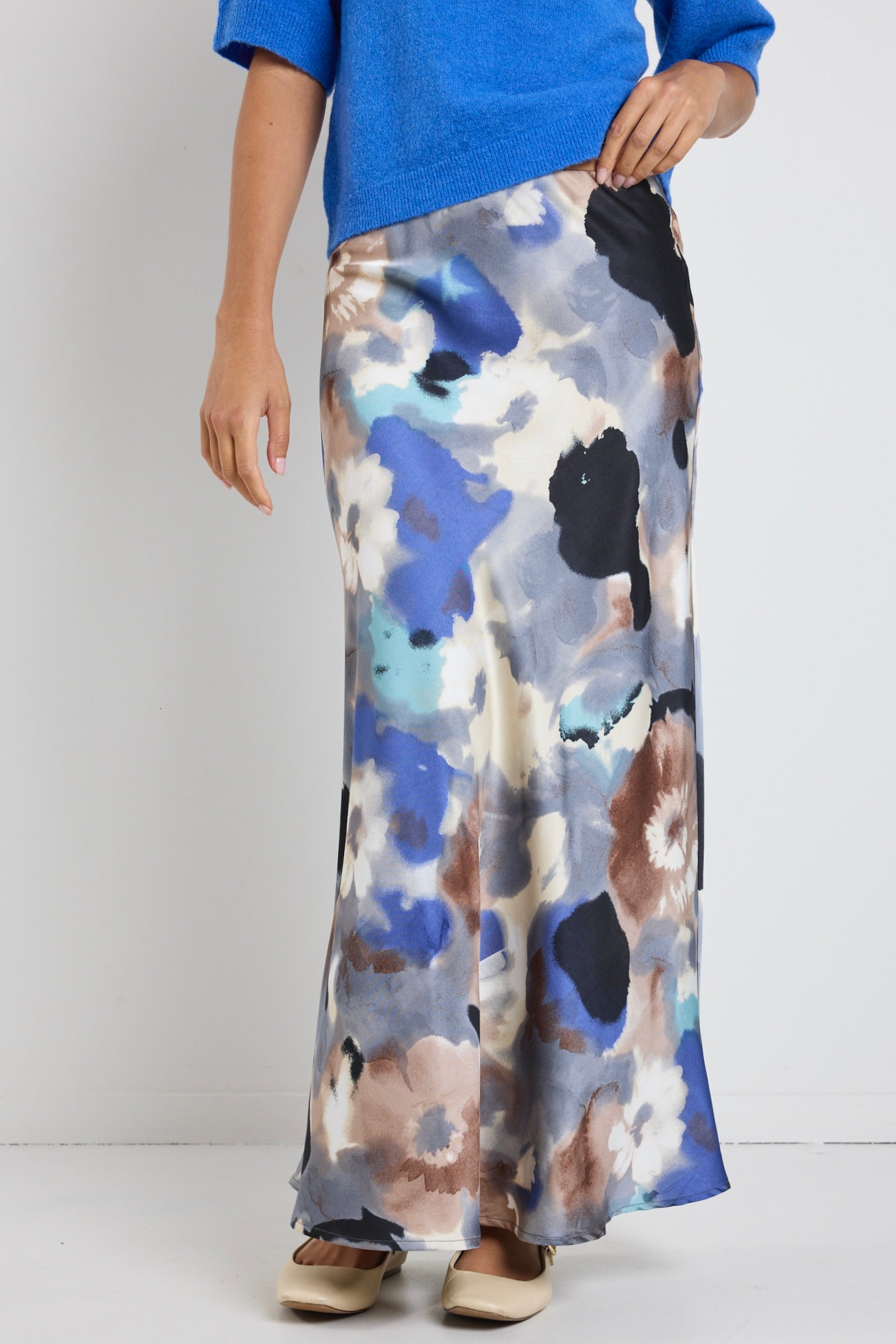 Frantic Navy Multi Watercolor Satin Bias Maxi Skirt - Elegant Flowy Long Skirt for Women, Perfect for Beach, Wedding & Summer Outfits