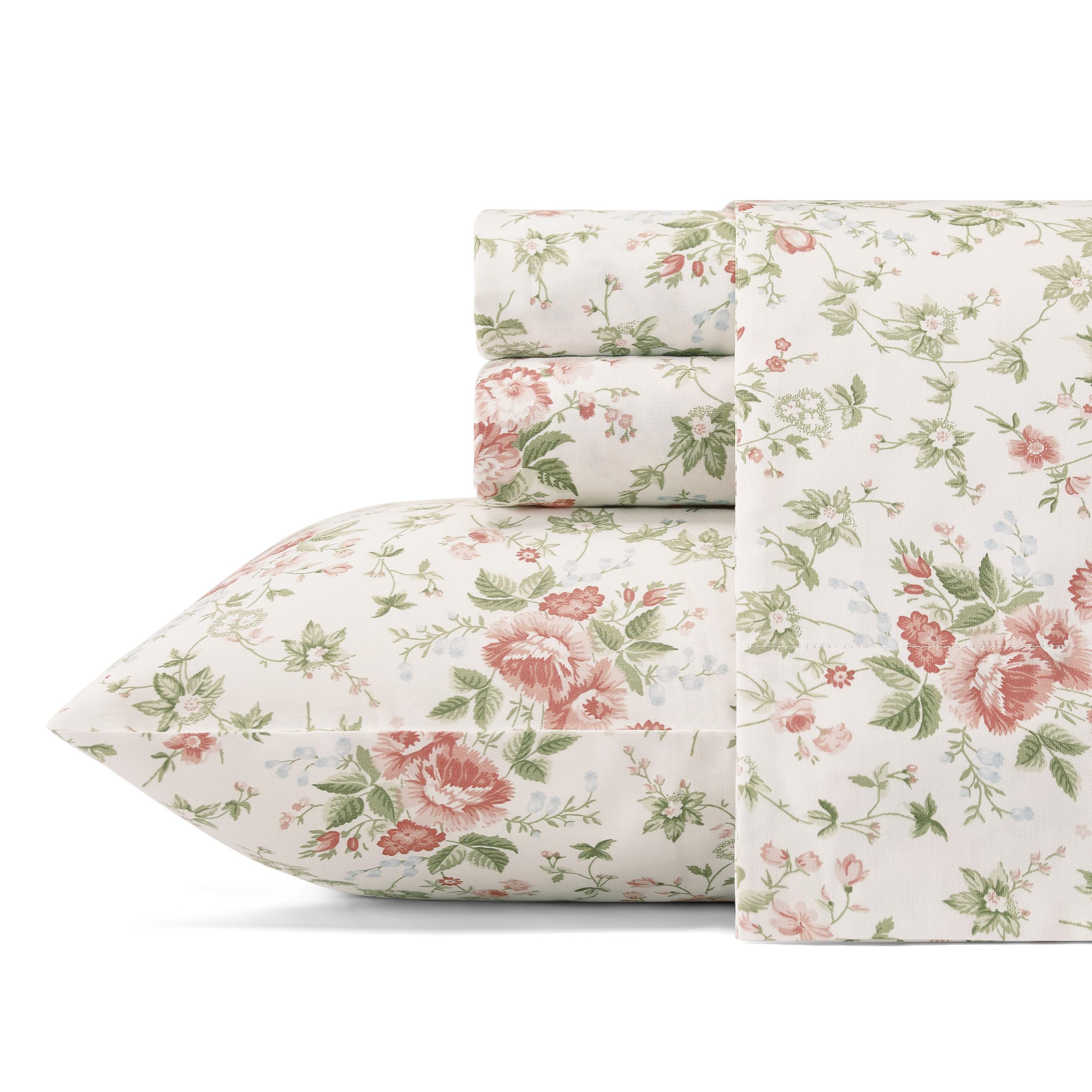 Laura Ashley Queen Sheets - Soft Sateen Cotton Bedding Set | Smooth, Breathable & Luxurious Home Decor (Lilian Coral) - Perfect for Master Bedrooms, Guest Rooms & Cozy Sleep Retreats