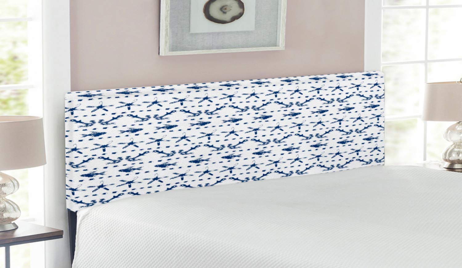 Ambesonne Navy Blue Upholstered Headboard - Nautical Yacht Themed Design with Fish, Starfish & Anchor Print - Queen Size Memory Foam Bed Headboard for Coastal & Marine Decor - Perfect for Beach House, Guest Room or Nautical Themed Bedroom