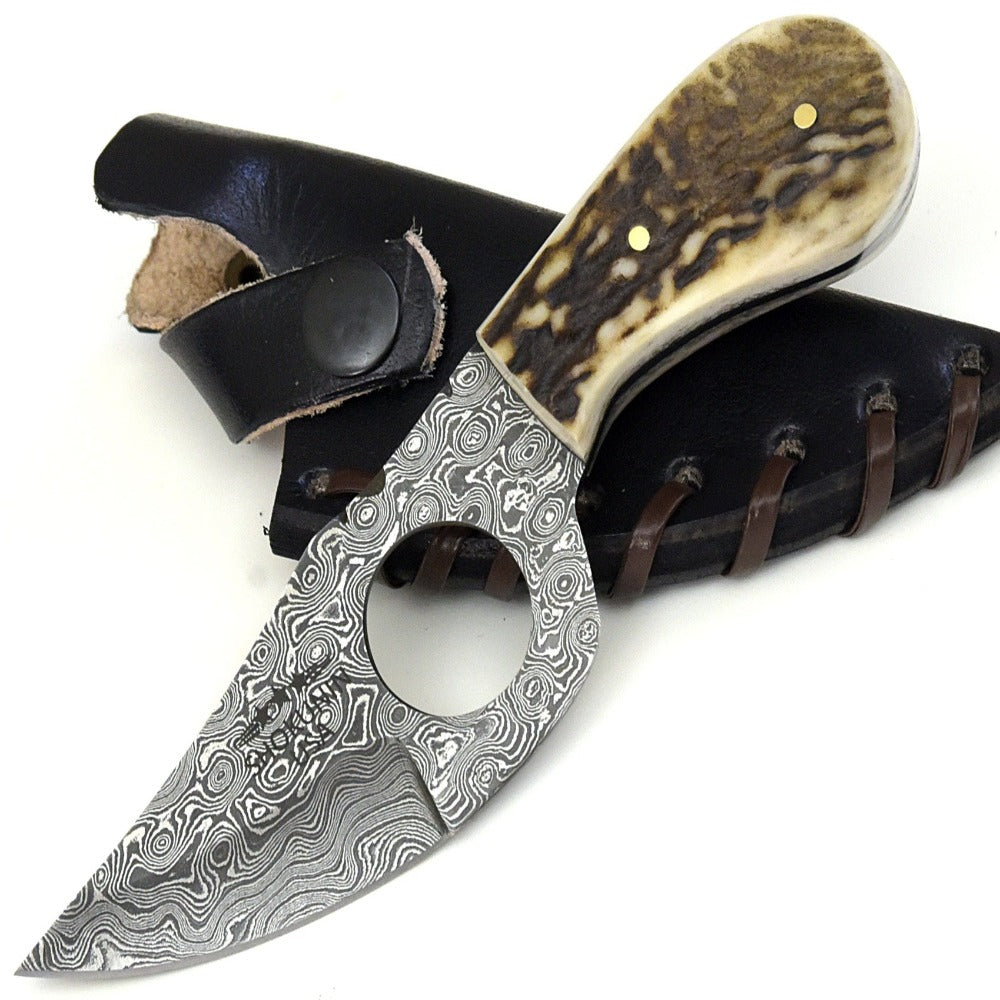 Premium Damascus Steel Skinning Knife - Shadowstalker Hunting Knife with Stag Horn Handle & Leather Sheath | Outdoor Survival, Hunting, Camping, Bushcraft Essential Tool