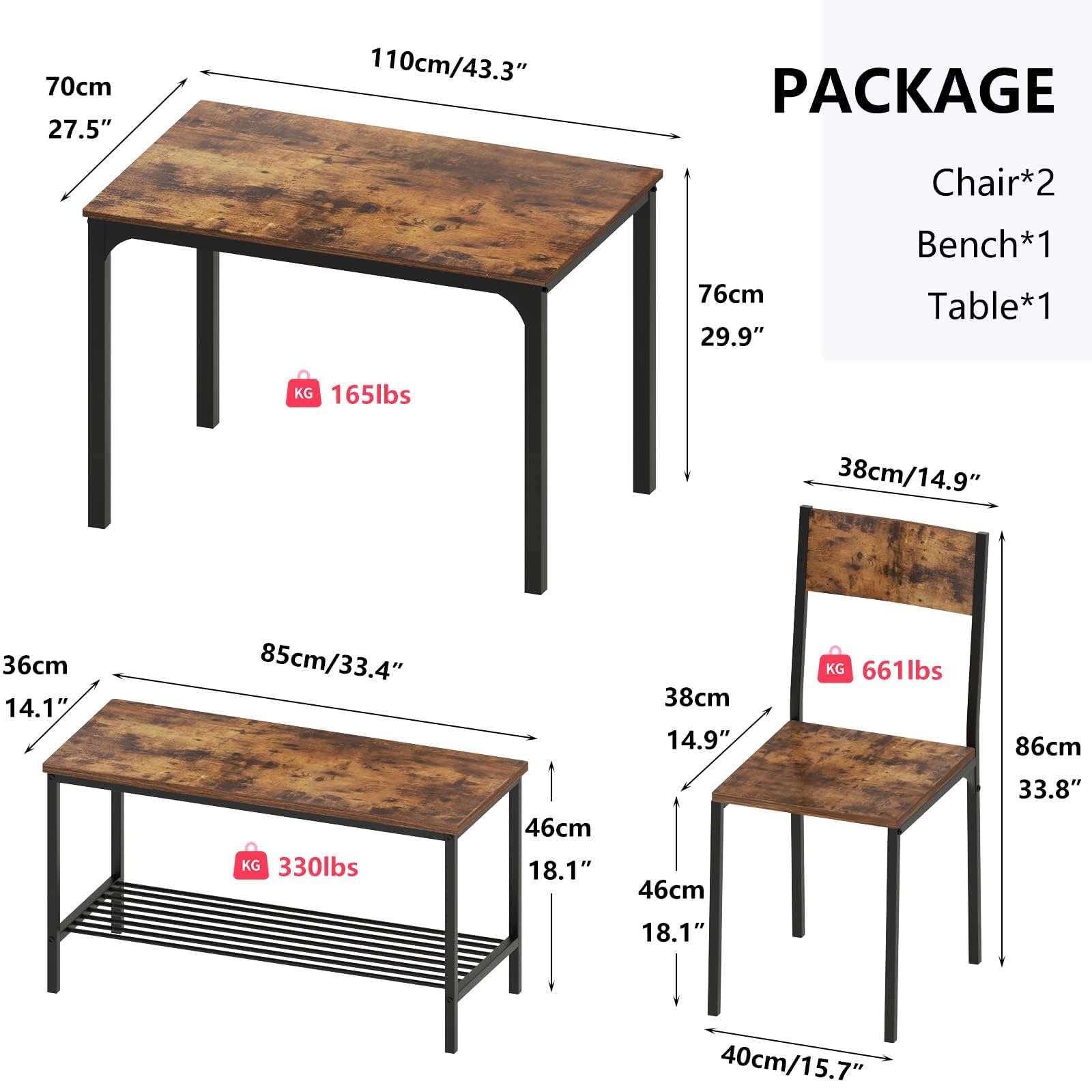 SogesPower 43 Inch Rustic Brown Dining Table Set with 2 Chairs & Bench - Kitchen & Dining Room Furniture for Home & Restaurant Use | Perfect for Family Meals, Entertaining Guests & Small Space Dining