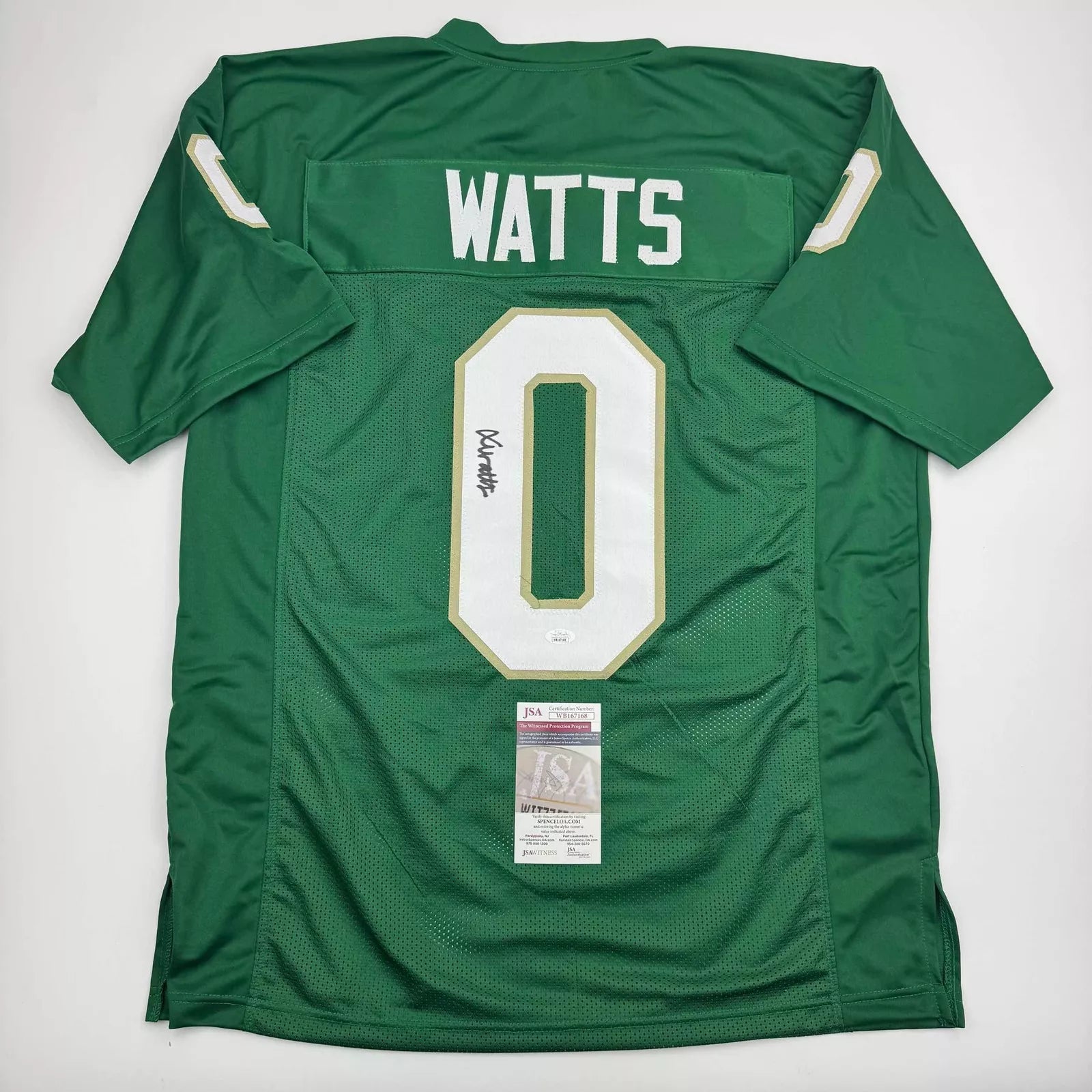 Xavier Watts Autographed Notre Dame Fighting Irish #0 Green Football Jersey - Perfect for Collectors, Fans, and Game Day Memorabilia