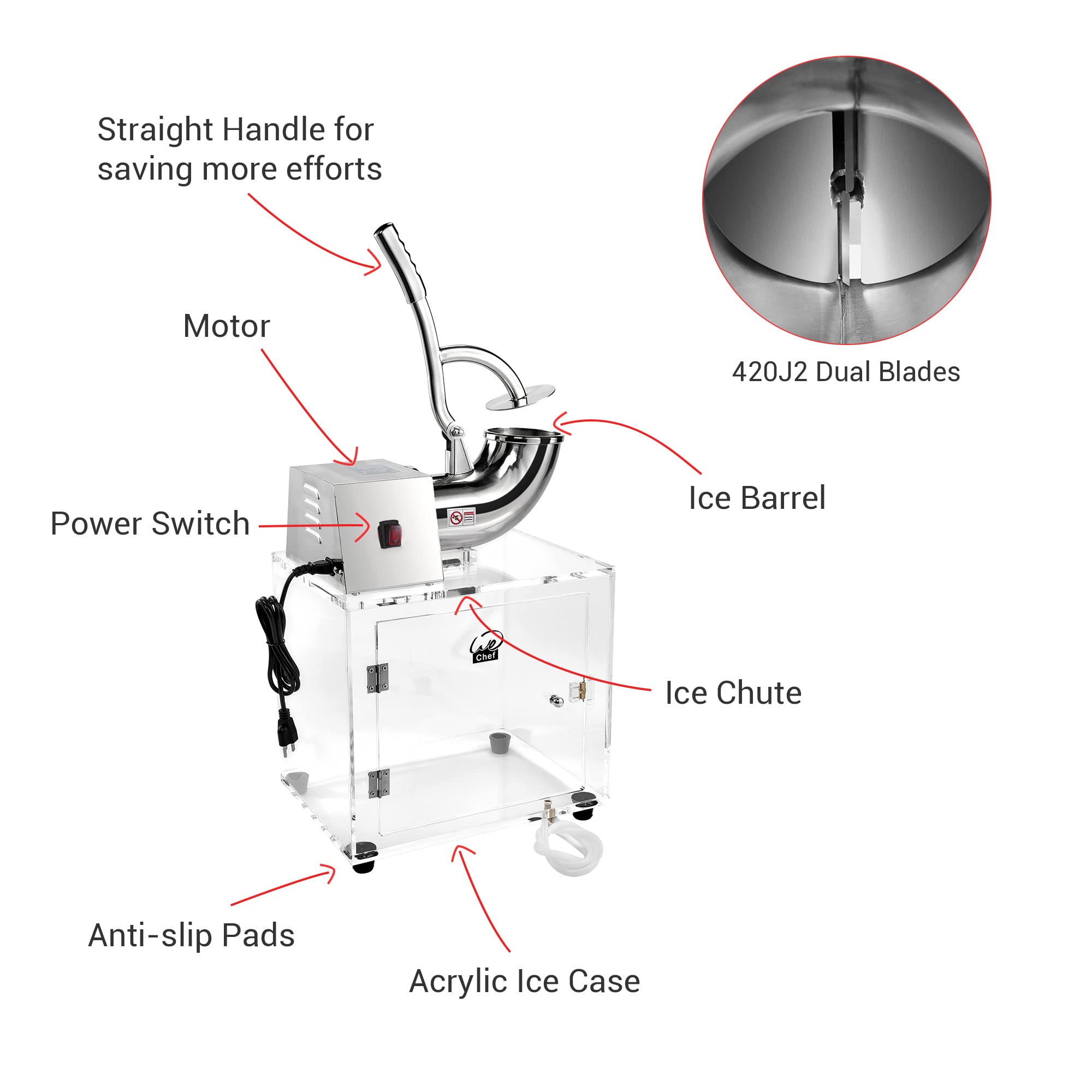 Yescom 250W Electric Snow Cone Machine - Stainless Steel Ice Shaver & Crusher with Dual Blades - Makes 440lbs/hr for Home & Commercial Use - Perfect for Parties, Events, and Summer Treats