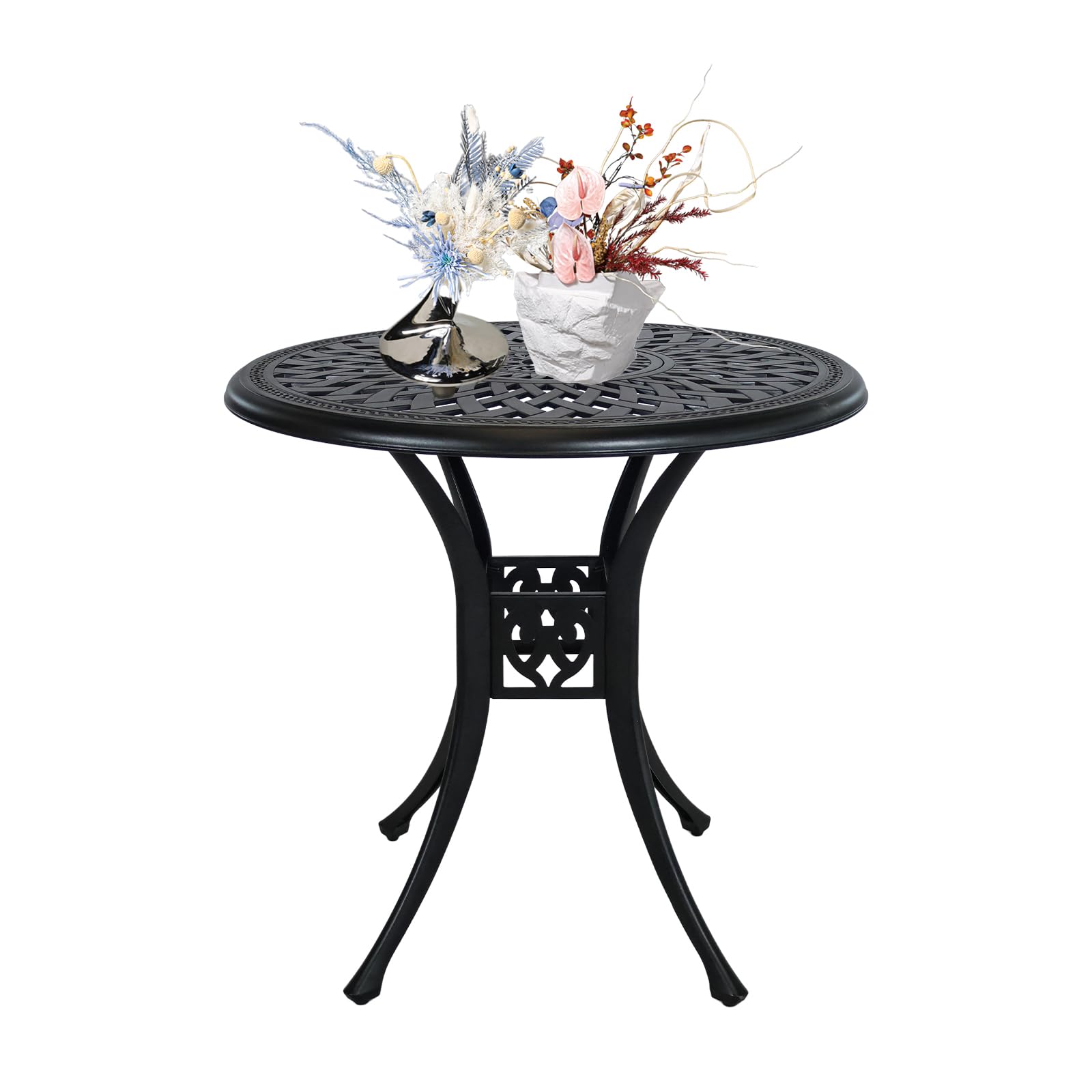 30 Inch Round Outdoor Patio Table with Umbrella Hole - Durable Cast Aluminum Bistro Table for Porch, Backyard, Garden - Weather-Resistant Metal Side Table (Black) - Perfect for Dining, Lounging and Outdoor Entertaining