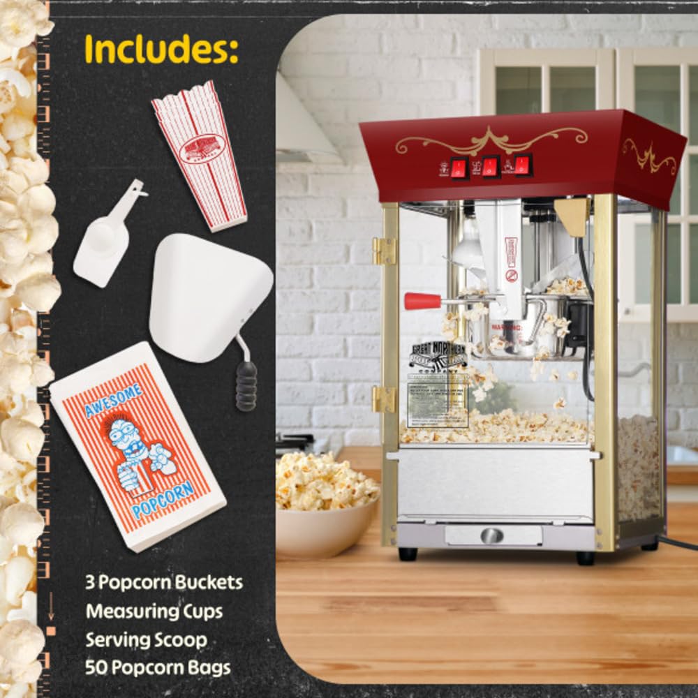 Great Northern Popcorn Matinee 8oz Popcorn Machine with Stainless Steel Kettle - Red Commercial Popcorn Popper with Reject Kernel Tray, Warming Light & Accessories for Movie Nights, Parties & Home Theater Snacks