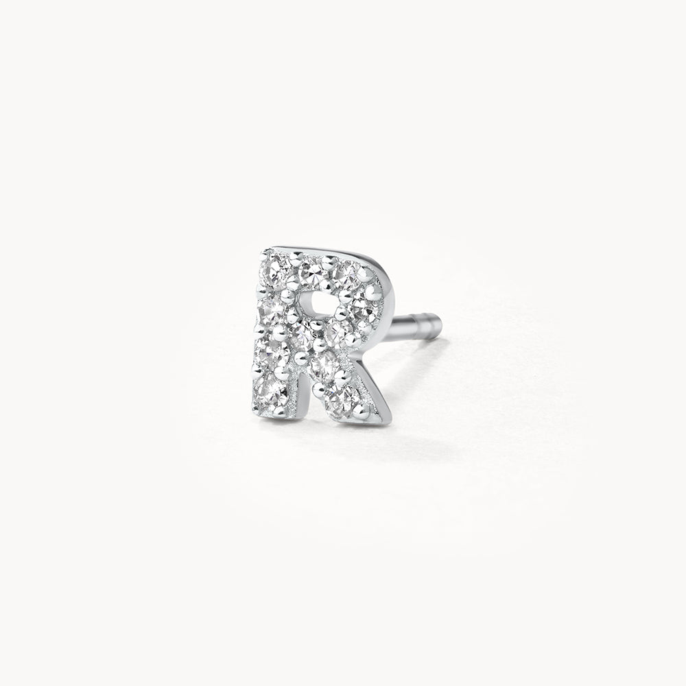 Diamond Letter R Single Stud Earring in Sterling Silver - Perfect for Birthdays, Anniversaries & Personalized Gifts