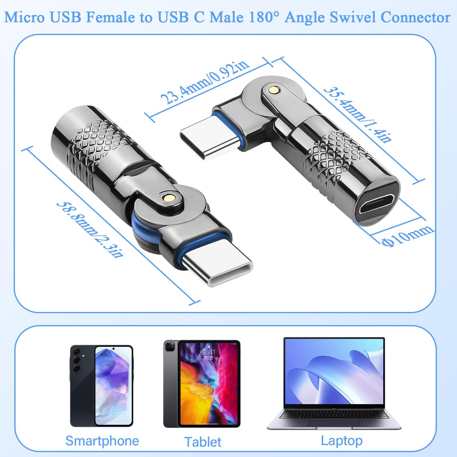 QIANRENON Micro USB to USB C Adapter 180° Rotatable - Micro USB Female to Type C Male Converter with LED Light (5V 3A, 480Mbps, Metal Shell) - 2 Pack - Perfect for Charging Phones, Tablets & Data Transfer
