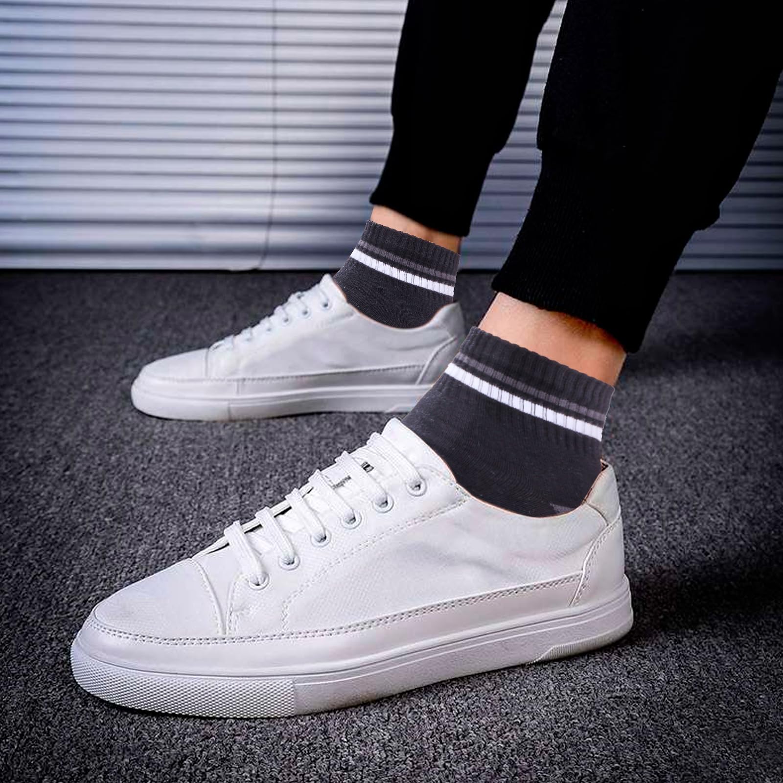 **YUEDGE Men's White & Black Quarter Ankle Socks - Breathable Thin Cotton, Striped Cuff - Sizes 4-8/6-10/9-12 - Multipack for Everyday Casual & Workout**    *(Use for running, gym, office, or daily wear - comfortable and stylish!)*