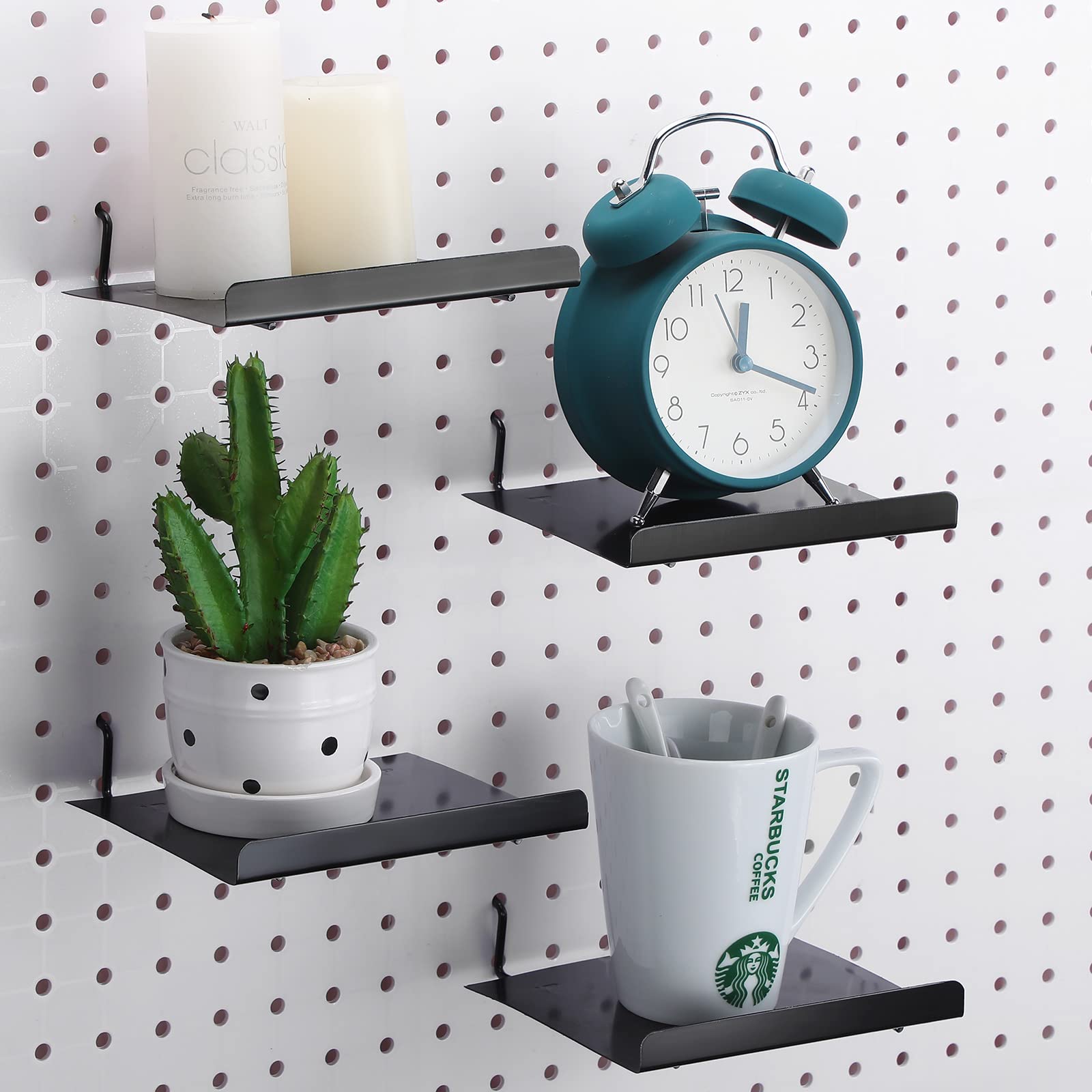 4 Pack Black Steel Pegboard Shelves & Brackets - 5.91 x 4.72 Inch Wall Organizer Trays for Craft Room, Garage, Kitchen, Nursery & Workbench - Heavy Duty Pegboard Accessories & Storage Solutions