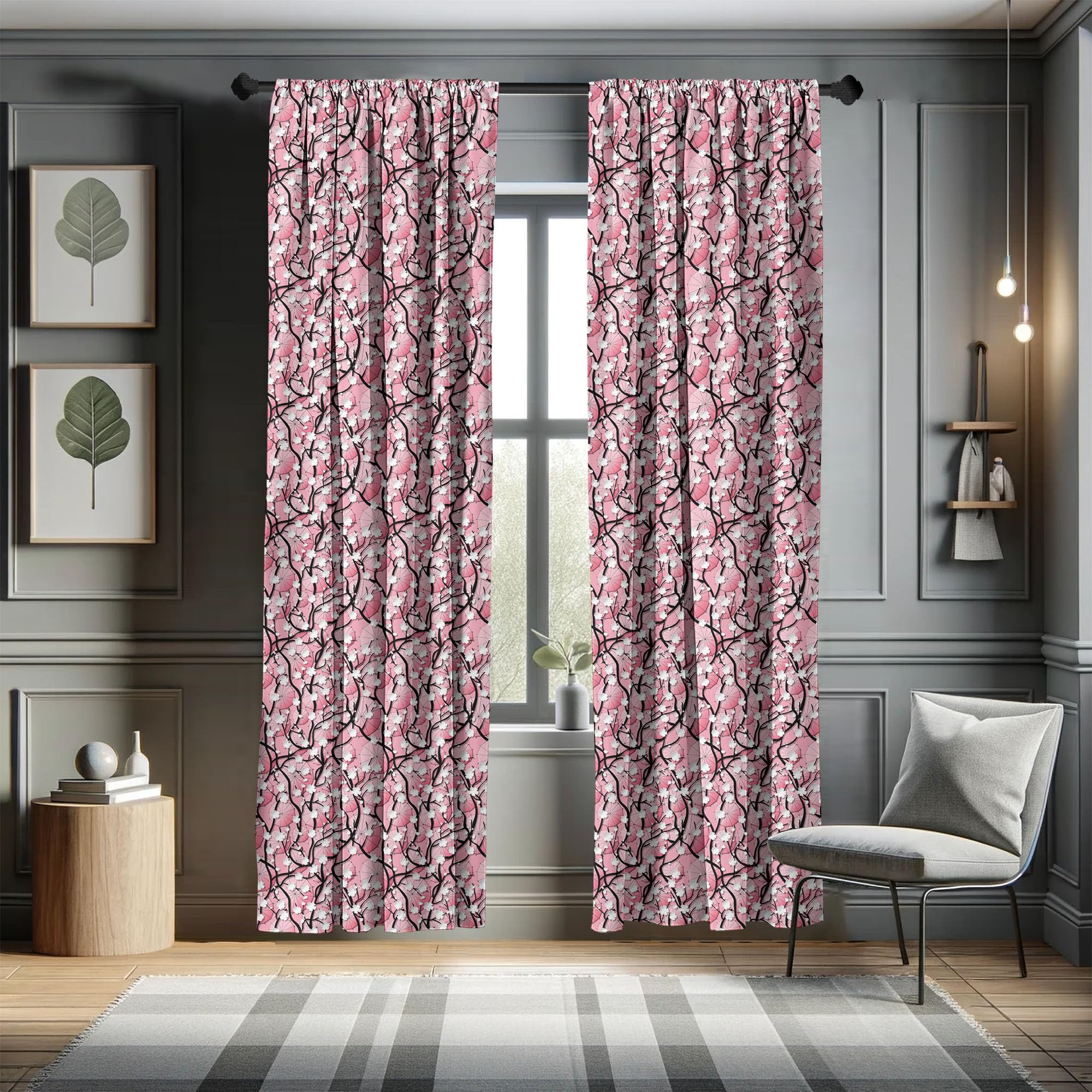Ambesonne Japanese Cherry Blossom Window Curtains - Sakura Tree Flowers with Umbrellas & Curved Branches Romantic Art Print, Lightweight Black Pink Home Decor (2 Panels, 28x84 Inches, Rod Pocket) - Perfect for Living Room, Bedroom & Asian-Themed Interior Design