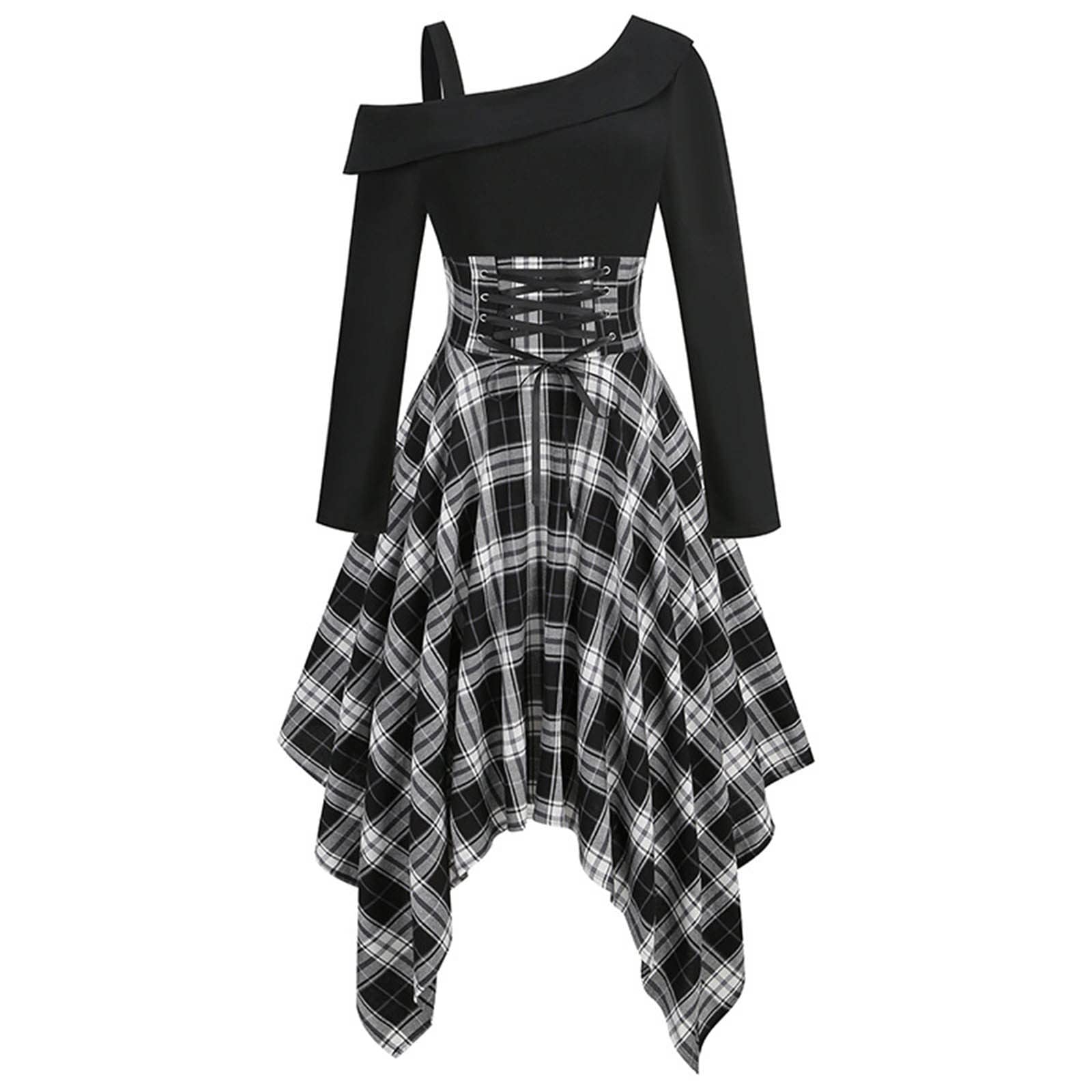 Gothic Vintage Cold Shoulder Long Sleeve Plaid Dress for Women - Elegant Irregular Hem Casual Long Dress for Parties, Date Nights & Halloween Costumes