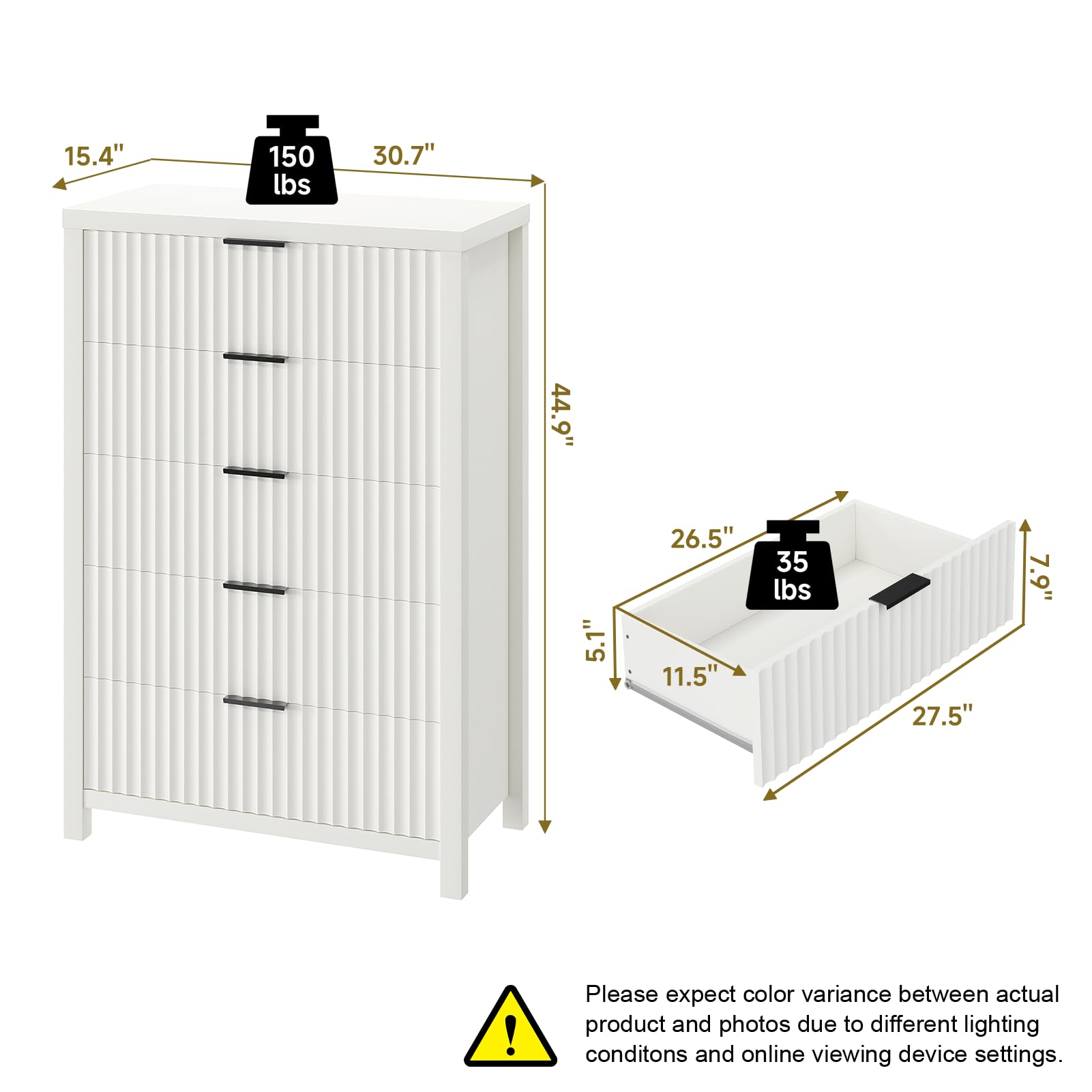 Modern 5-Drawer Fluted Dresser for Bedroom - Tall Solid Wood Chest with Thick Plank Design & Sturdy Legs - Wooden Storage Organizer for Clothes, Bedding & Accessories - Perfect for Bedroom, Living Room, Hallway or Entryway (White)