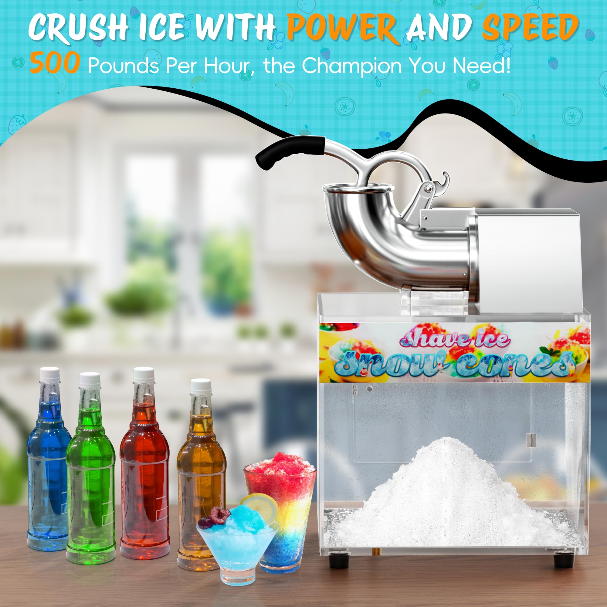 48L Commercial Snow Cone Machine - 500LB/H Electric Shaved Ice Maker with 300W Motor for Parties, Events & Family Gatherings - Perfect for Summer Treats, Carnival Snacks, and Backyard BBQ Entertainment