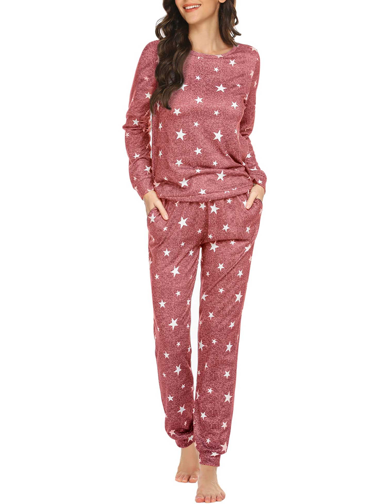 Ekouaer Women's Long Sleeve Pajama Set - Soft Star Print Sleepwear with Pockets, Cozy Nightwear & Lounge Outfit for Relaxing at Home or Sleepovers