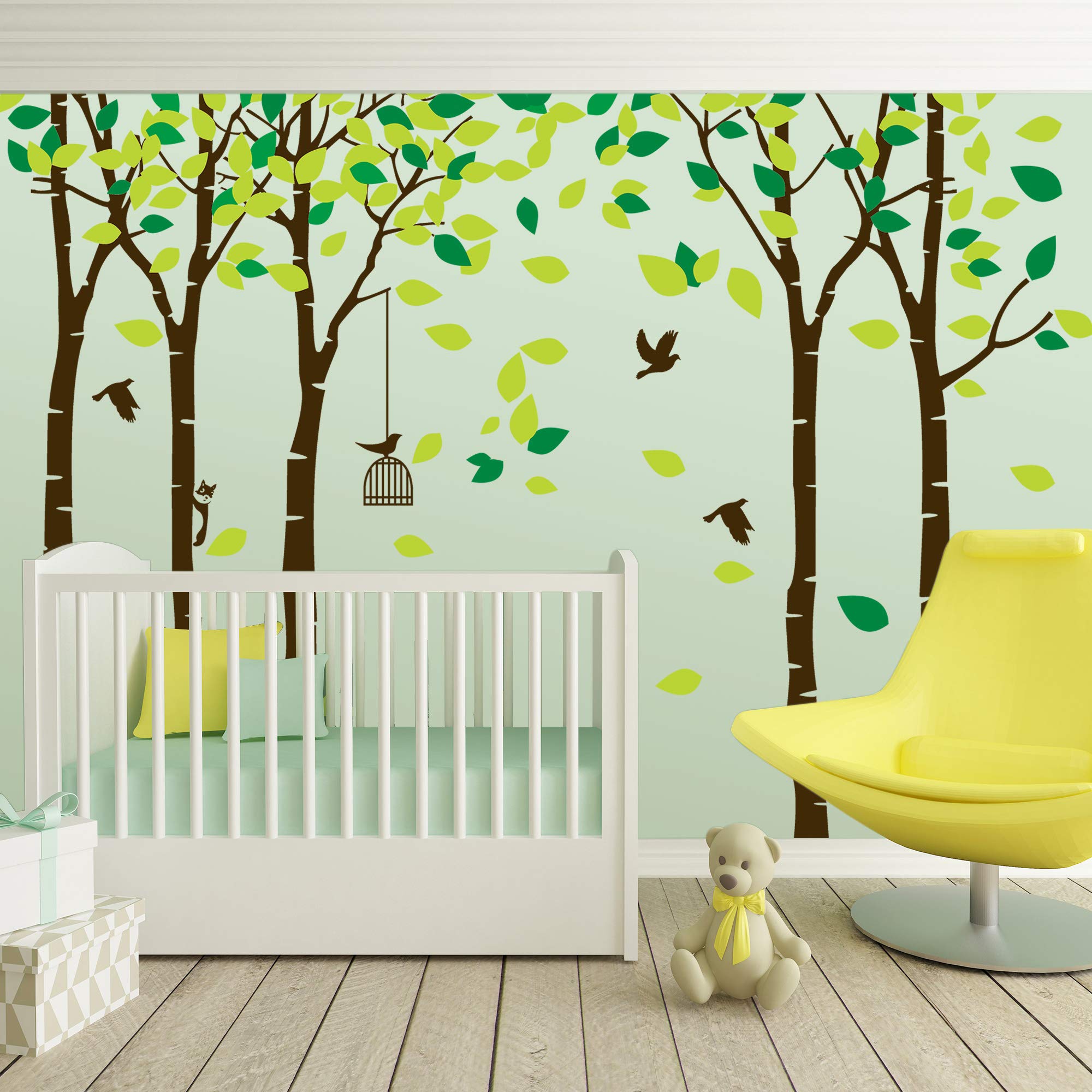 264 X 180cm Large Jungle Tree Wall Decal - Cartoon Family Forest Tree Removable Sticker with Green Leaves & Flying Birds - DIY Wall Mural for Kids Bedroom, Nursery, Living Room & Office Decor | Perfect for Nature-Themed Rooms & Play Areas