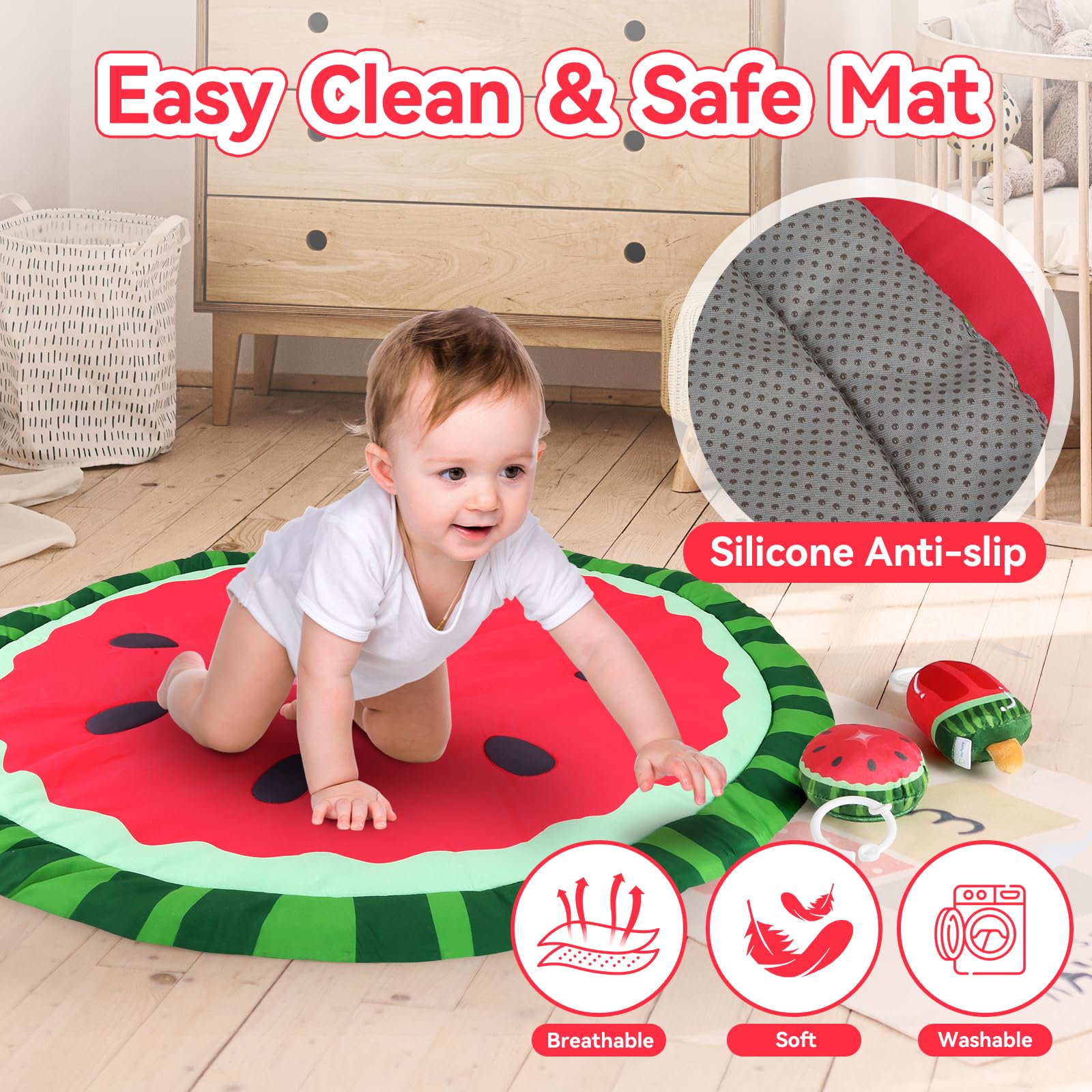 **9-in-1 Watermelon Baby Play Gym Mat – Oversized Tummy Time Activity Mat with Sunshade & 6 Detachable Sensory Toys | Washable, Non-Slip Nursery Essential for Newborns & Infants | Perfect for Playtime, Crawling & Developmental Milestones**