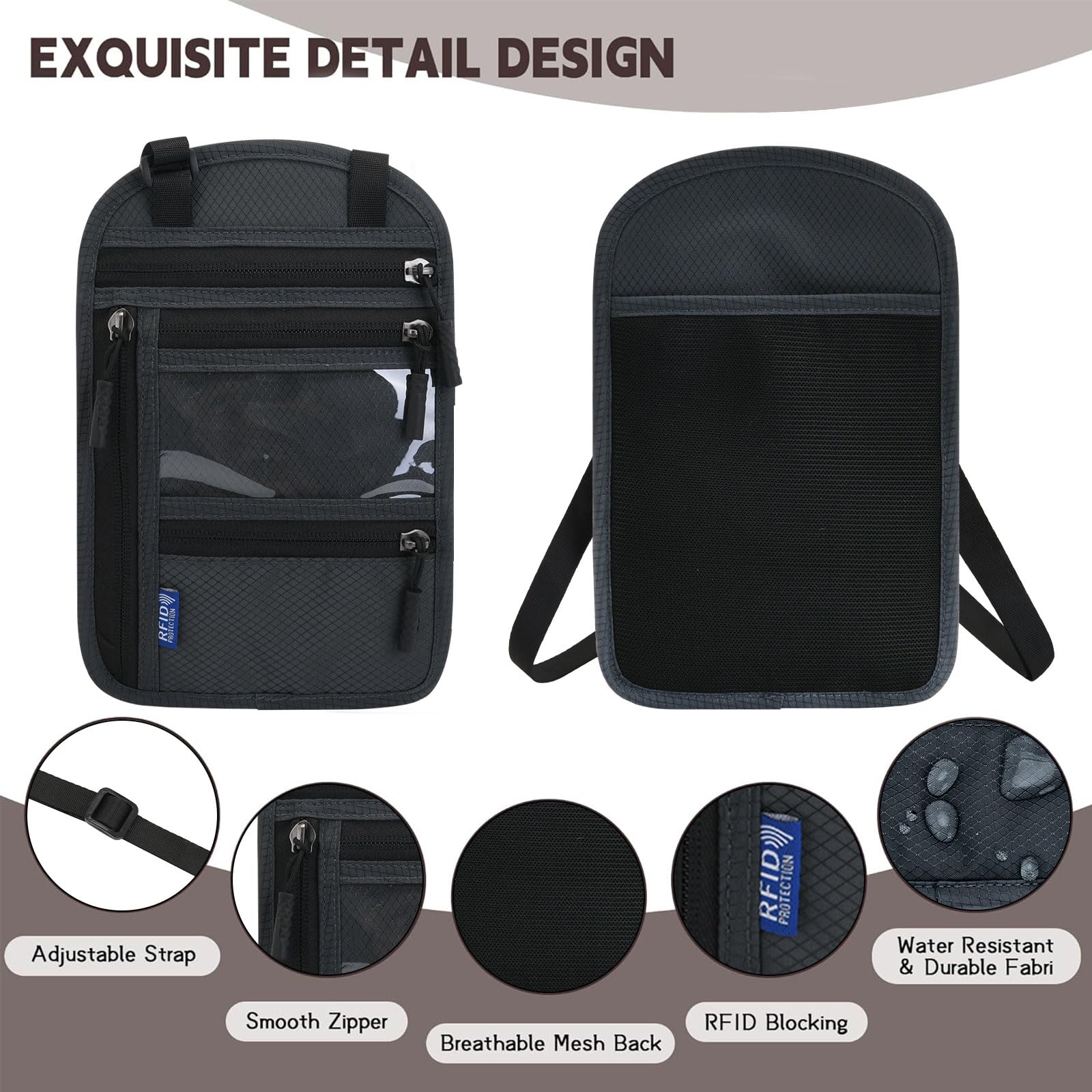 RFID Blocking Travel Neck Pouch - Secure Passport Holder & Wallet Organizer for Family Vacations (Dark Grey) | Perfect for Airports, Sightseeing & International Trips