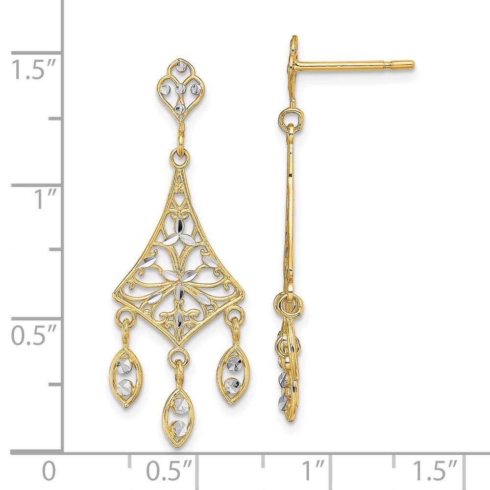 14K White & Yellow Gold Two-Tone Chandelier Triangle Drop Earrings with Intricate Filigree Design - Elegant Dangle Earrings for Parties, Weddings & Special Occasions