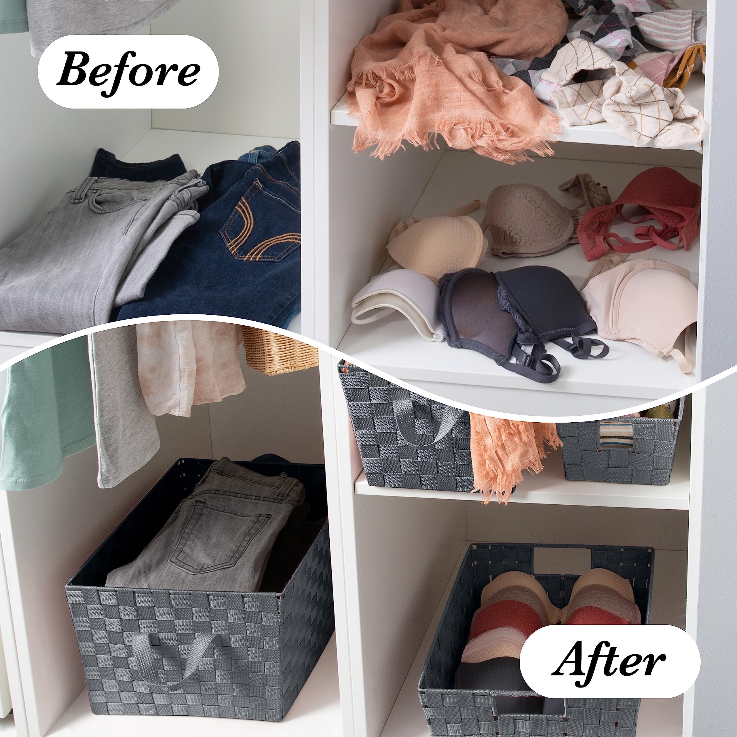 Stylish Woven Storage Baskets with Handles - 4-Pack Gray Decorative Organizer Bins for Bedroom, Closet, Nursery & Bathroom - Perfect for Toys, Accessories & Gift Storage