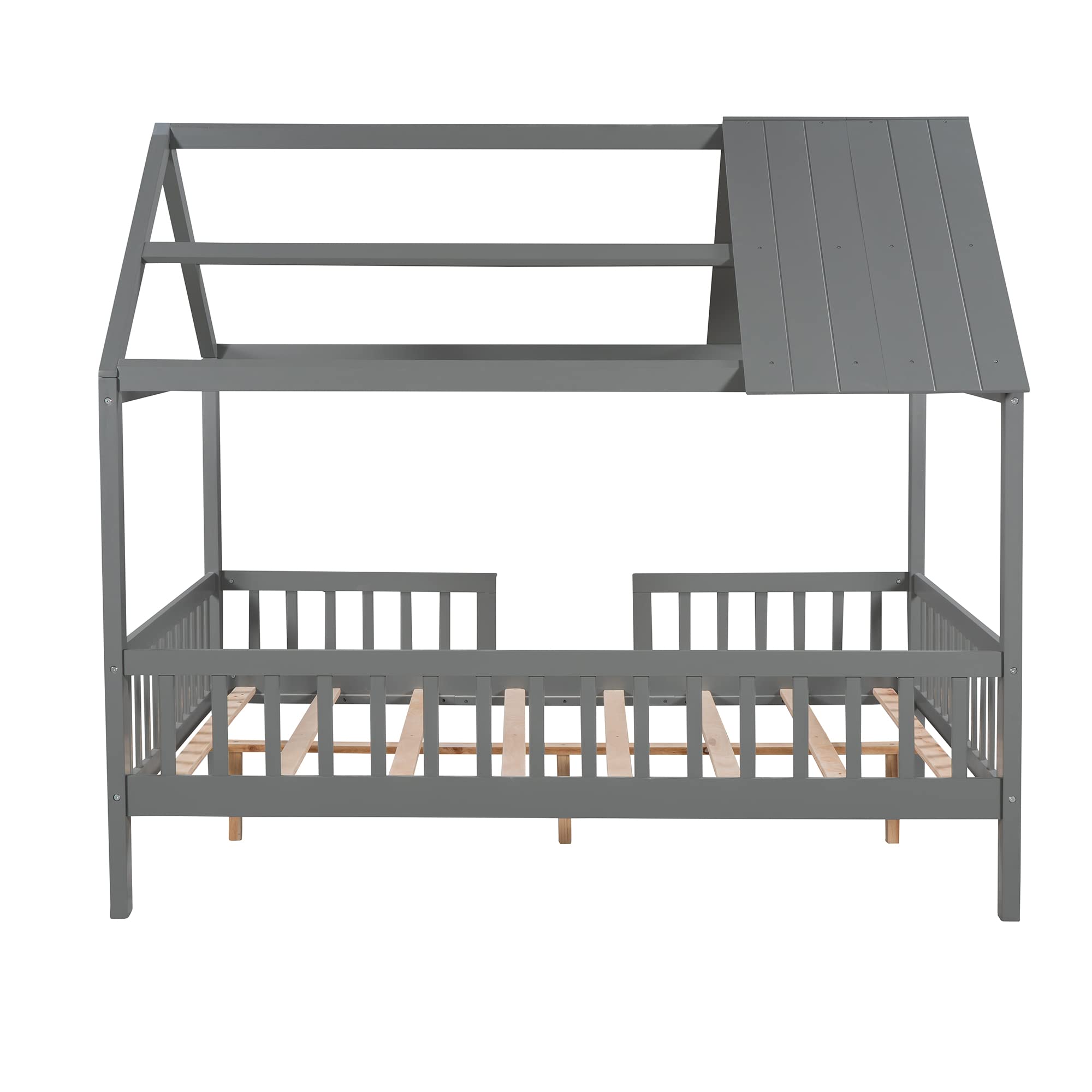 Merax Full House Bed for Kids - Wooden House-Shaped Bed Frame with Roof Windows & Safety Rails - Grey - Perfect for Kids' Bedroom, Playroom & Sleepovers
