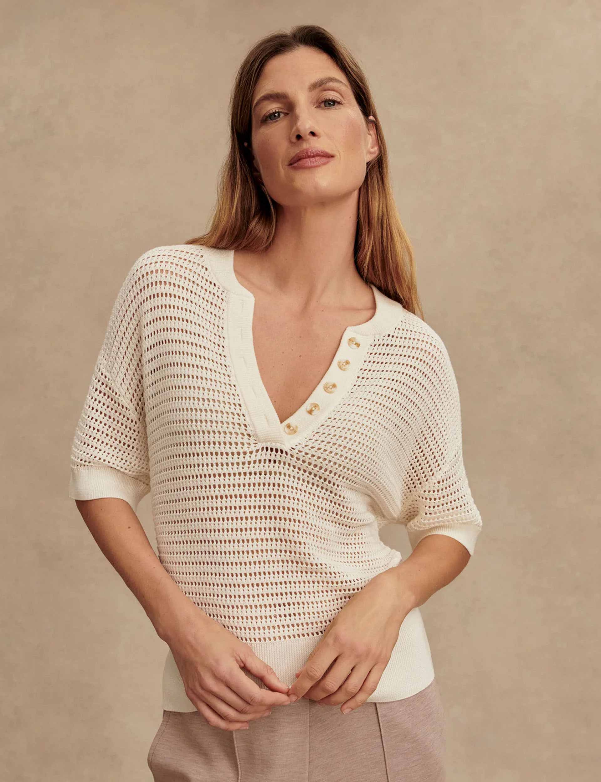 Callie Knit Top for Women - Soft & Comfortable Egret Color Crewneck Shirt - Perfect for Casual Wear, Office & Date Nights