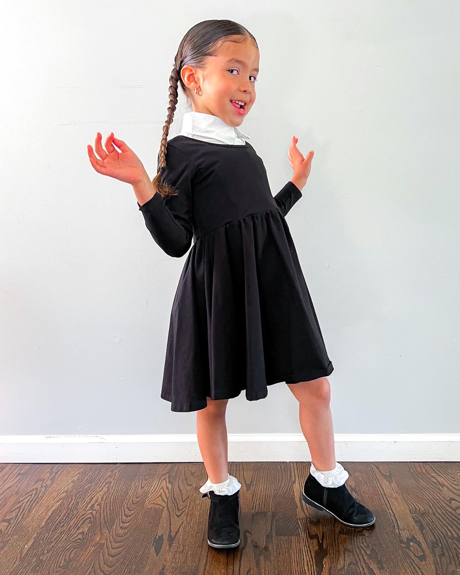 Stelle Girls' Long Sleeve White Cotton Skater Dress - Twirl A-Line Toddler Dress for School, Casual Wear & Easter Celebrations | Perfect for Parties, Playdates and Special Occasions