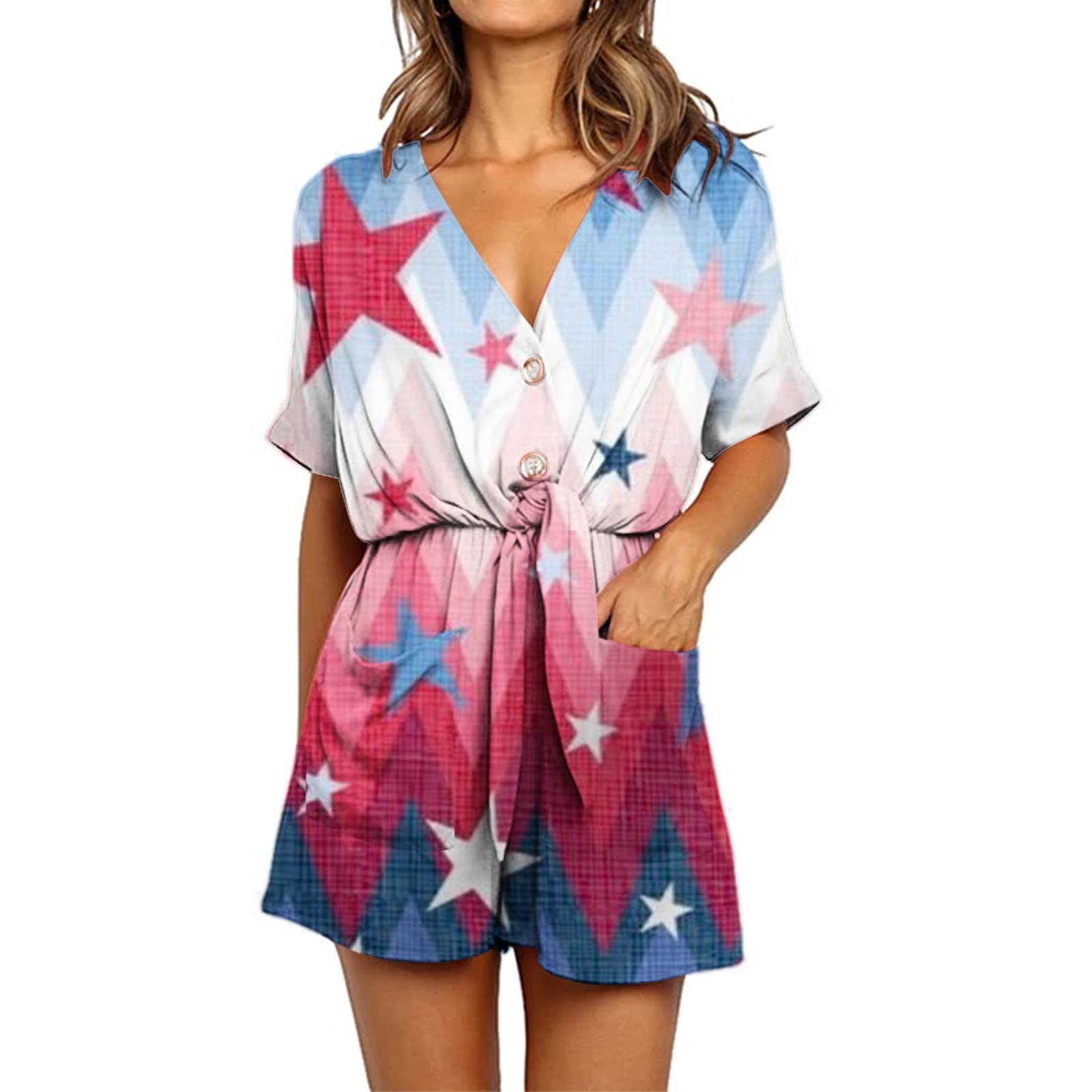 Women's Printed Short Sleeve Button-Up Romper Jumpsuit - Summer Casual Shorts Playsuit for 4th of July & Independence Day | Beach Outing, BBQ Party, Vacation Wear
