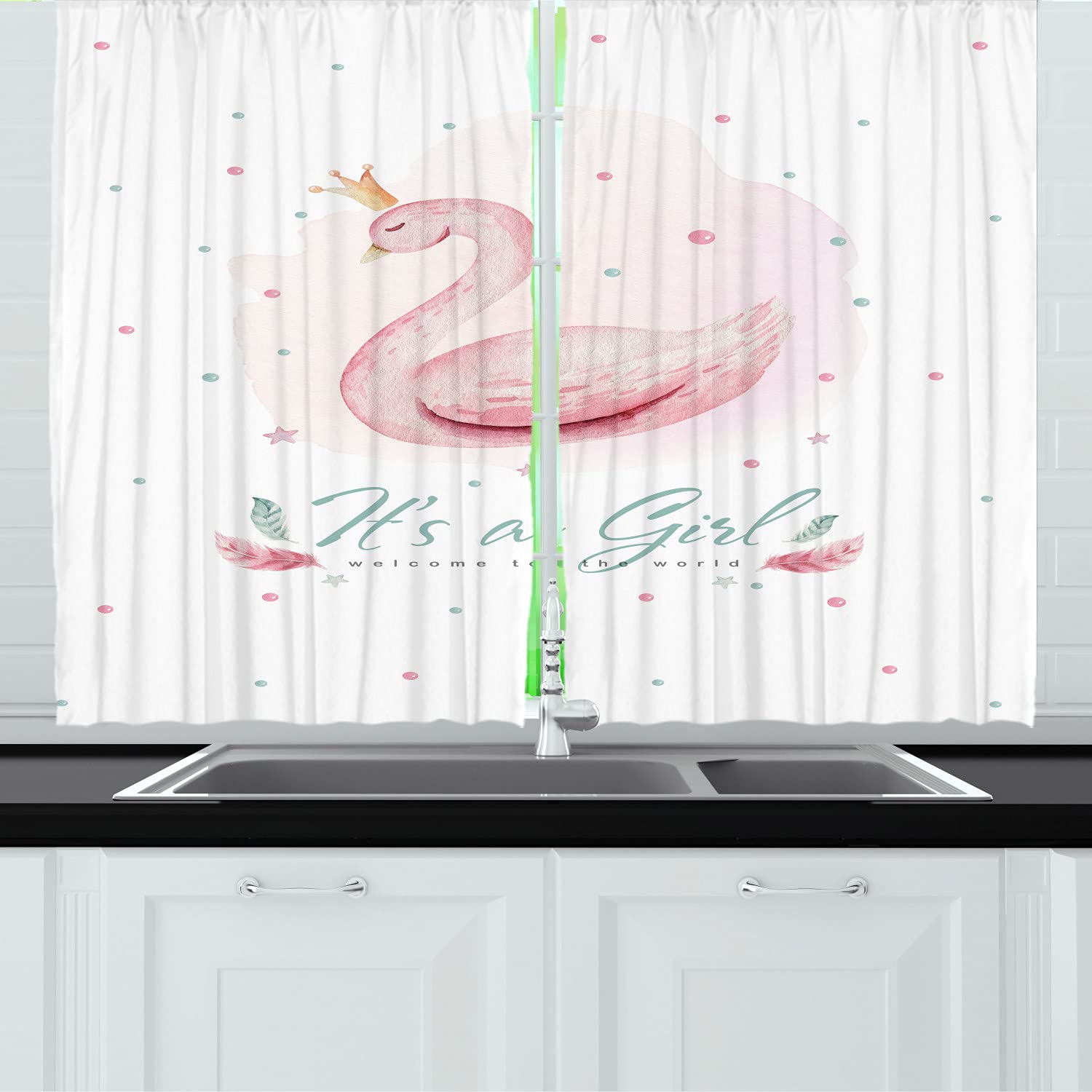 Ambesonne Swan Party Kitchen Curtains - Gender Reveal Decor with Animal Crown Art, 2 Panels, 55