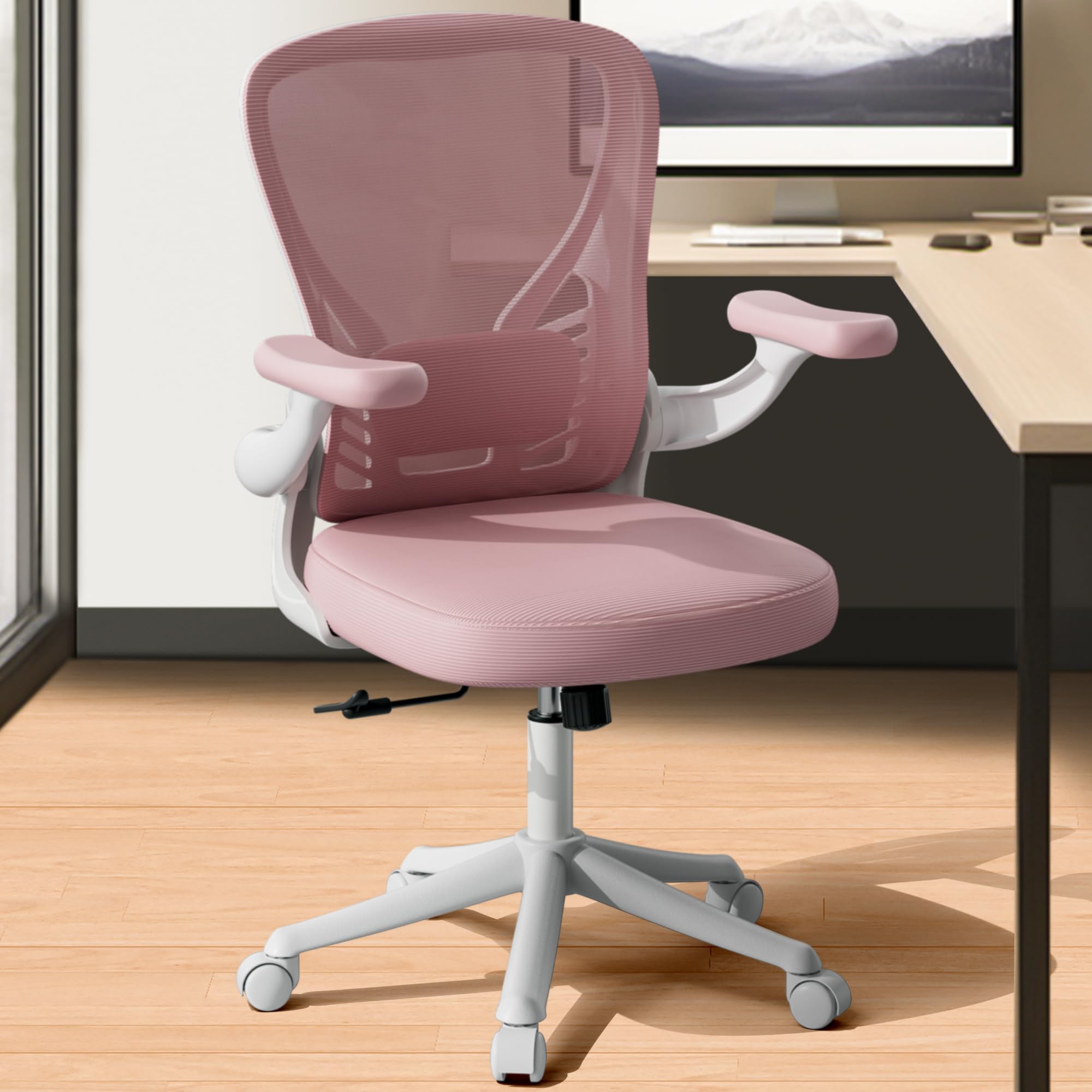 Ergonomic Mesh Office Chair with Wheels & Flip-Up Arms - Adjustable Lumbar Support, Swivel & Height Adjustable - Comfortable Pink Computer Desk Chair for Home Office, Gaming & Workspace