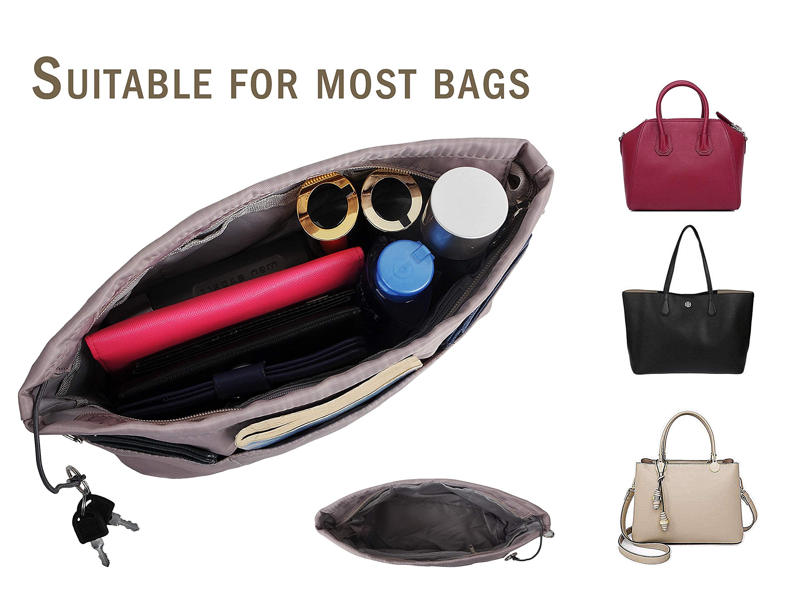 Premium Nylon Handbag Organizer Insert with 13 Pockets & Zipper - 5 Size Options for Tote Bags - Perfect for Travel, Work & Daily Organization