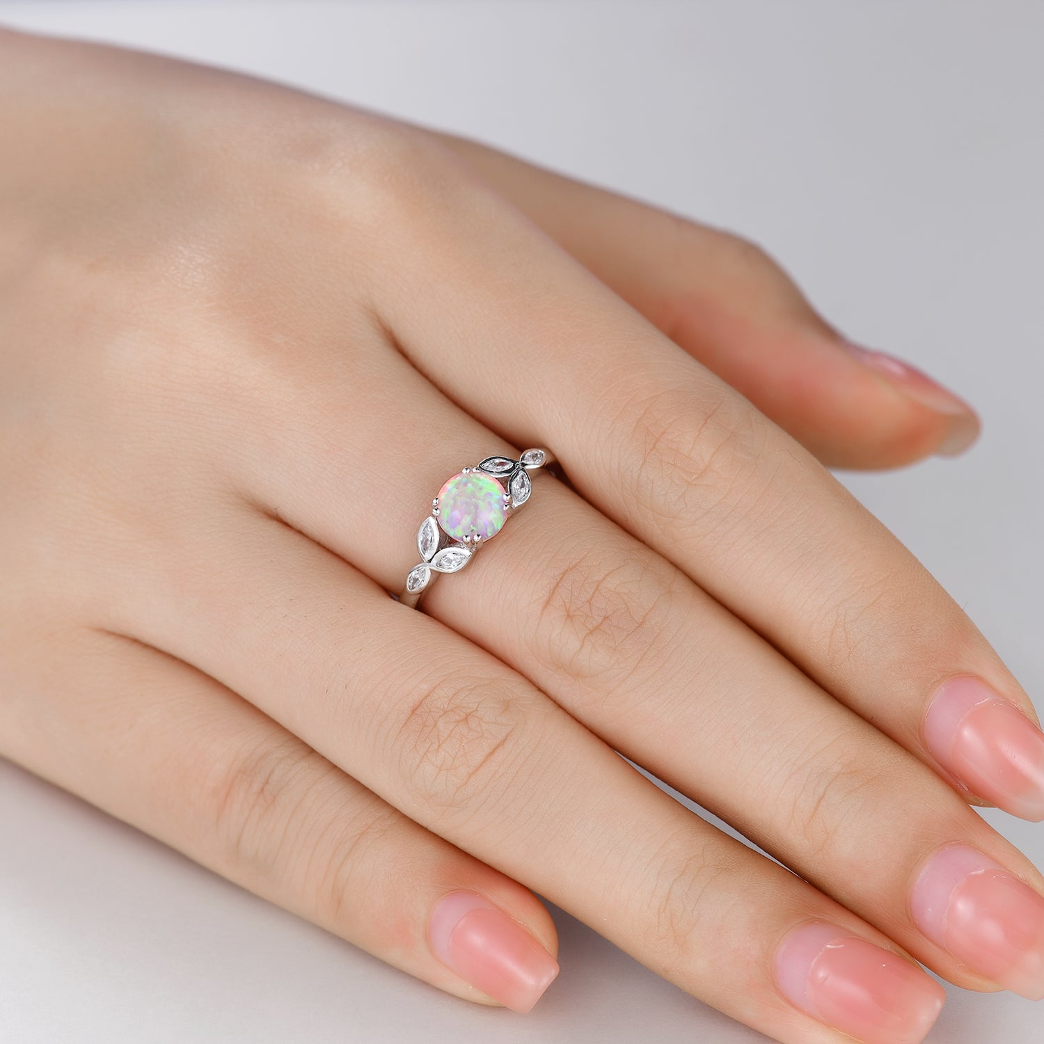 Seven Stones Pink Opal & Marquise Moissanite Engagement Ring in 14K White Gold - Perfect for Proposals, Anniversaries & Bridal Jewelry