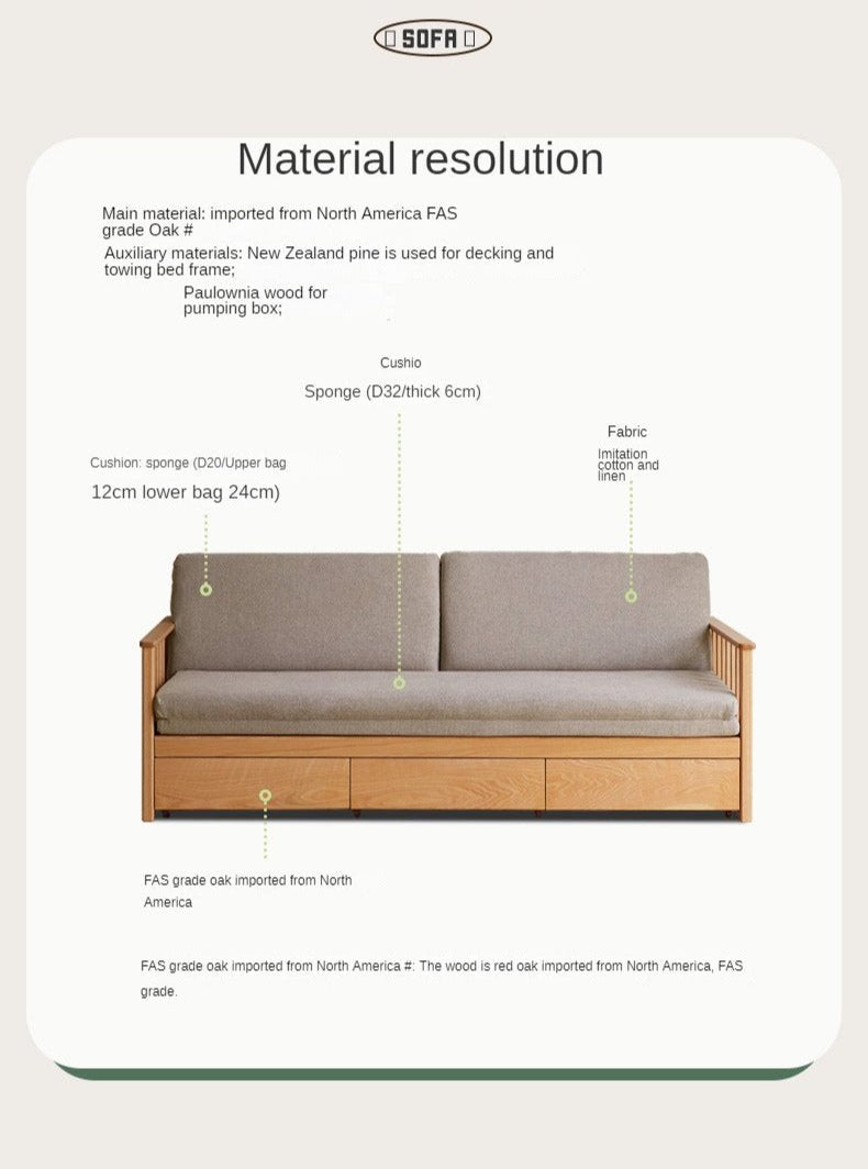 Solid Oak Wood Storage Sofa Bed - Convertible Sitting & Sleeping Furniture for Small Spaces, Living Room, Guest Room & Apartments
