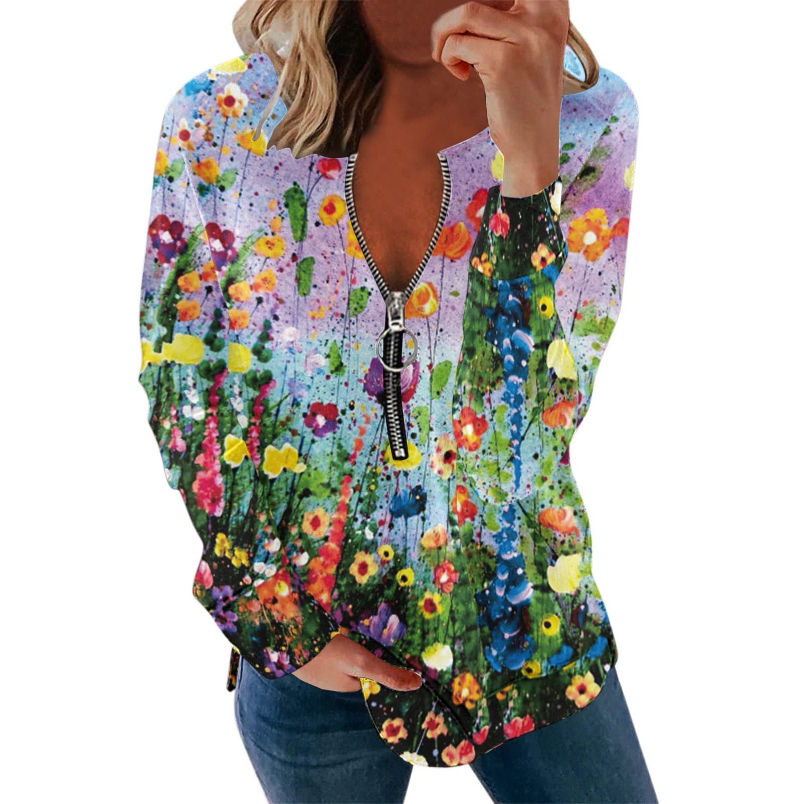 GuGsi Women's Fashion Floral Print Long Sleeve Zipper T-Shirt - Casual Fall Tops for Women | Perfect for Everyday Wear, Office Outfits & Autumn Layering