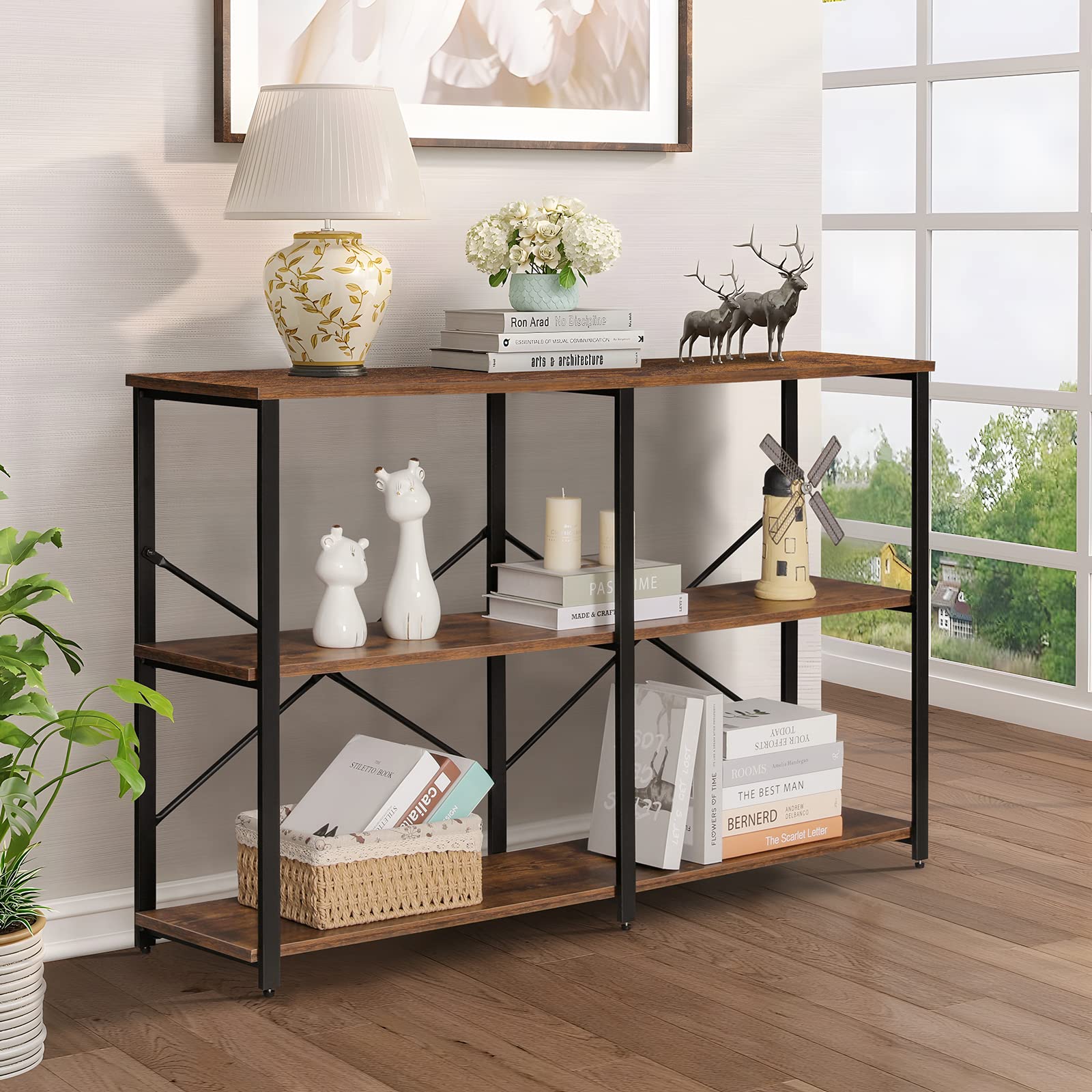 **Iwell Rustic Brown Sofa Table with 3 Open Shelves - Entryway Console Table for Living Room, Hallway, Couch - Perfect for Home Decor & Storage**