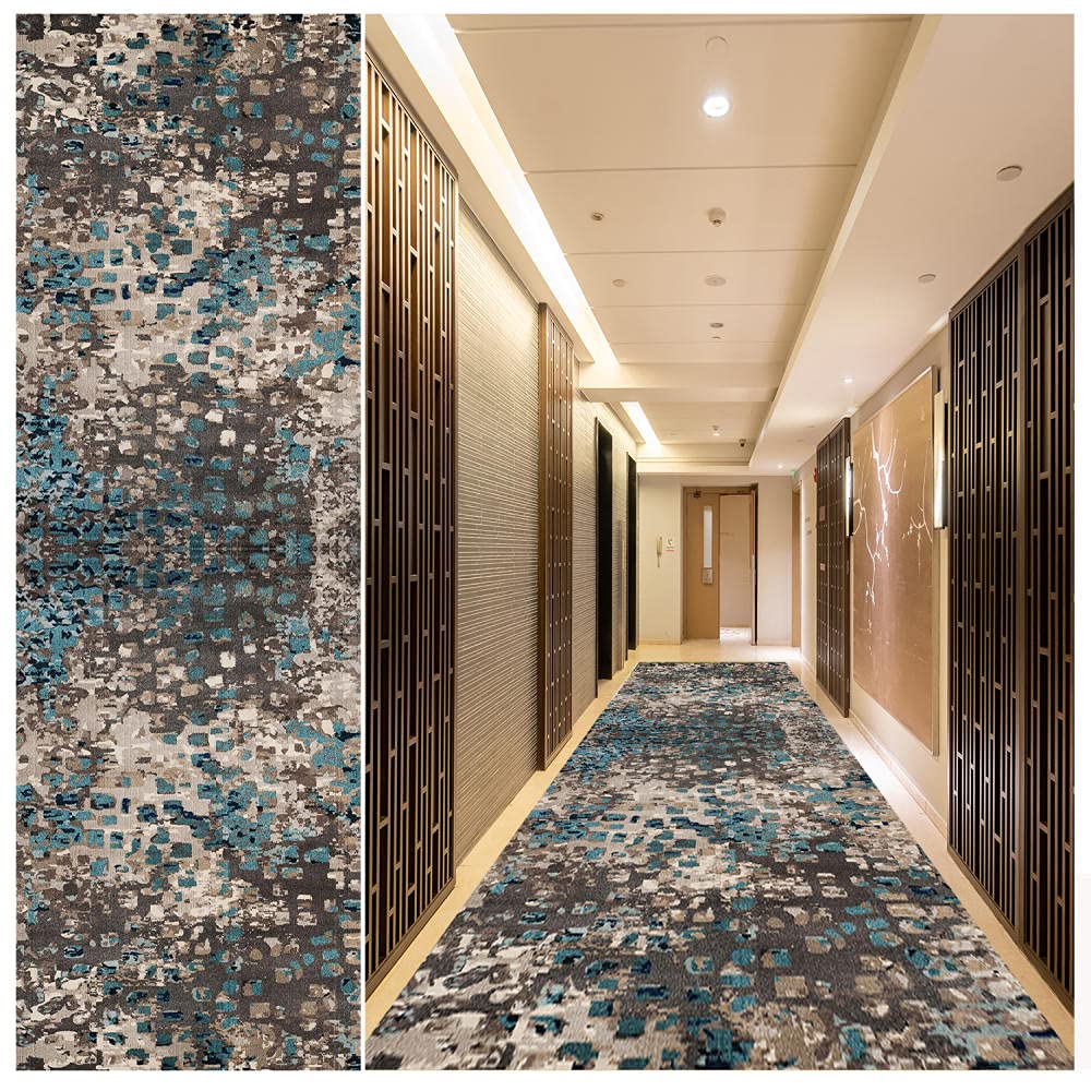 Non-Slip Washable Abstract Hallway Runner Rug 3.3' x 12' - Stain Resistant Rubber Backing Carpet for Kitchen, Living Room, Bedroom & Entryways - Mottled Blue/Gray Brown Design - Perfect for High Traffic Areas & Home Decor