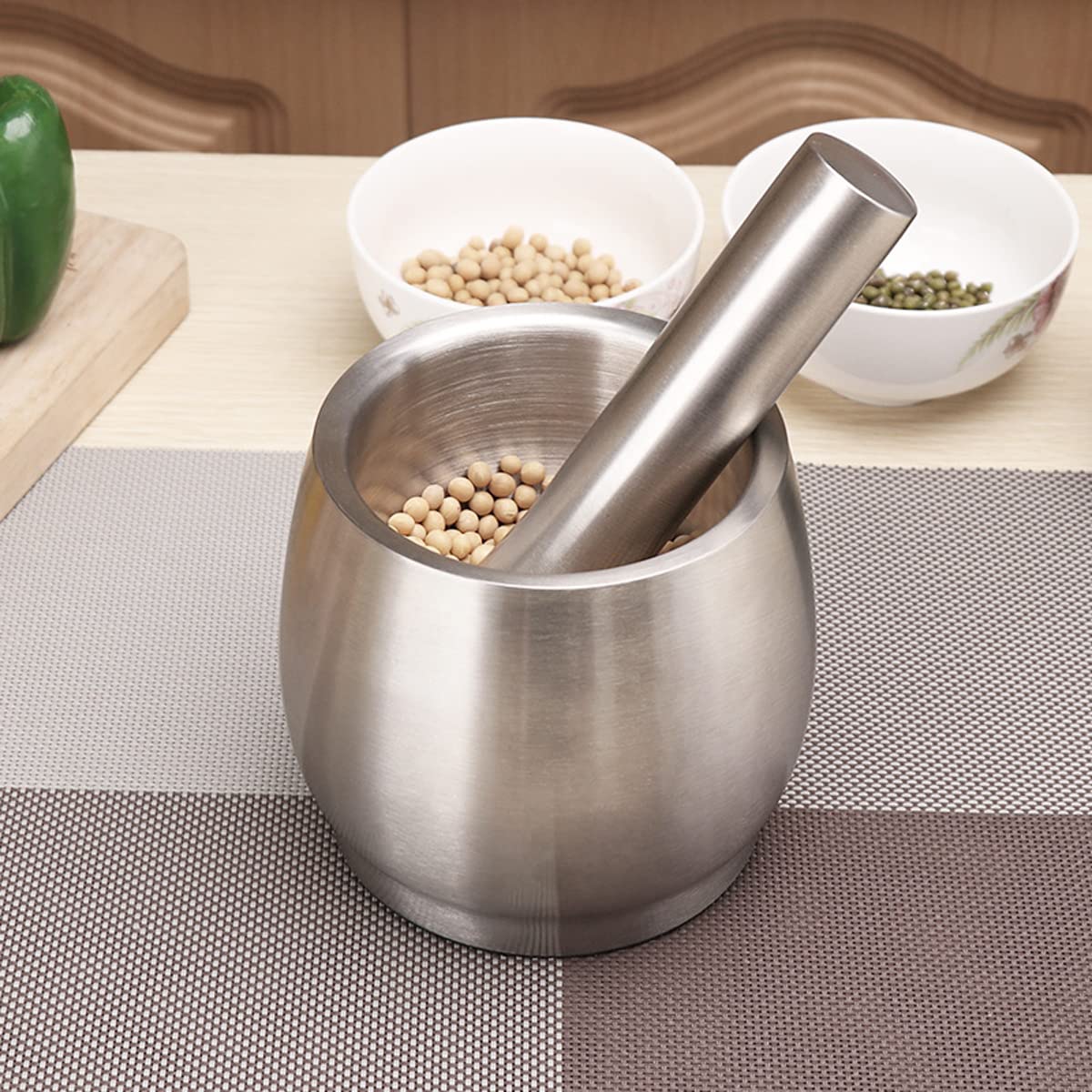 Premium Stainless Steel Mortar and Pestle Set - Manual Food Processor for Grinding Herbs, Spices, Wet & Dry Ingredients - Large Kitchen Tool with Lid for Cooking, Baking & Herbal Medicine Preparation