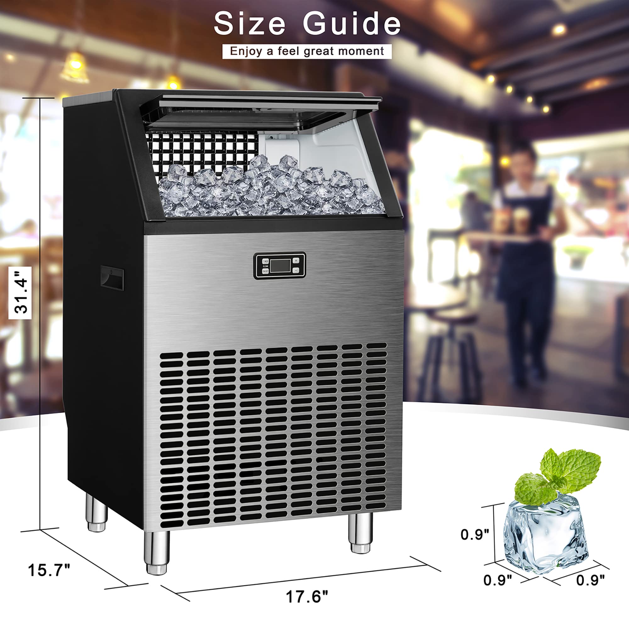Commercial Ice Maker Machine 100Lbs/Day - 48Lbs Storage Capacity Stainless Steel Ice Cube Maker for Restaurants, Bars, Home & Office Use - Includes Ice Scoop - Perfect for Cocktails, Beverages & Food Service