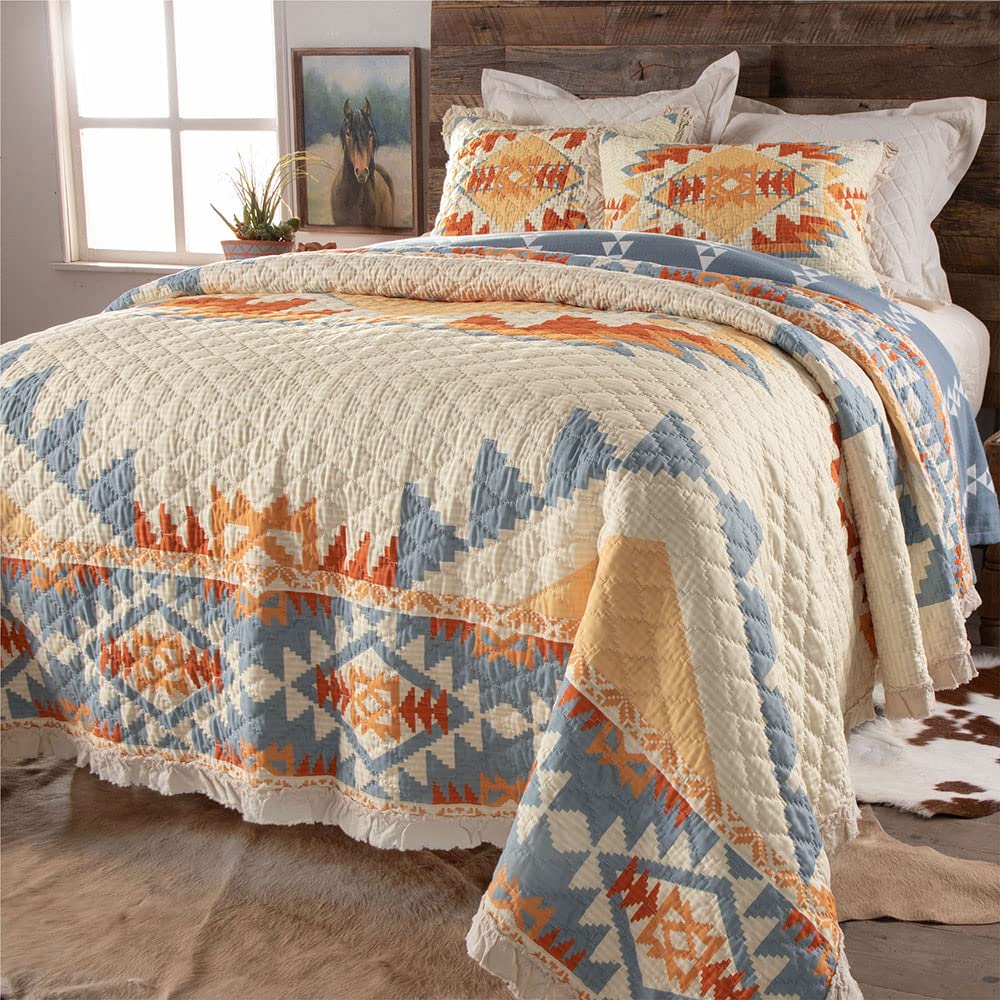 Southwest Aztec Geometric King Quilt with Ruffle Trim - Blue, Orange, Rust, Tan, Cream - 105x95 Inches - Perfect for Southwestern, Boho, or Native American Style Bedrooms