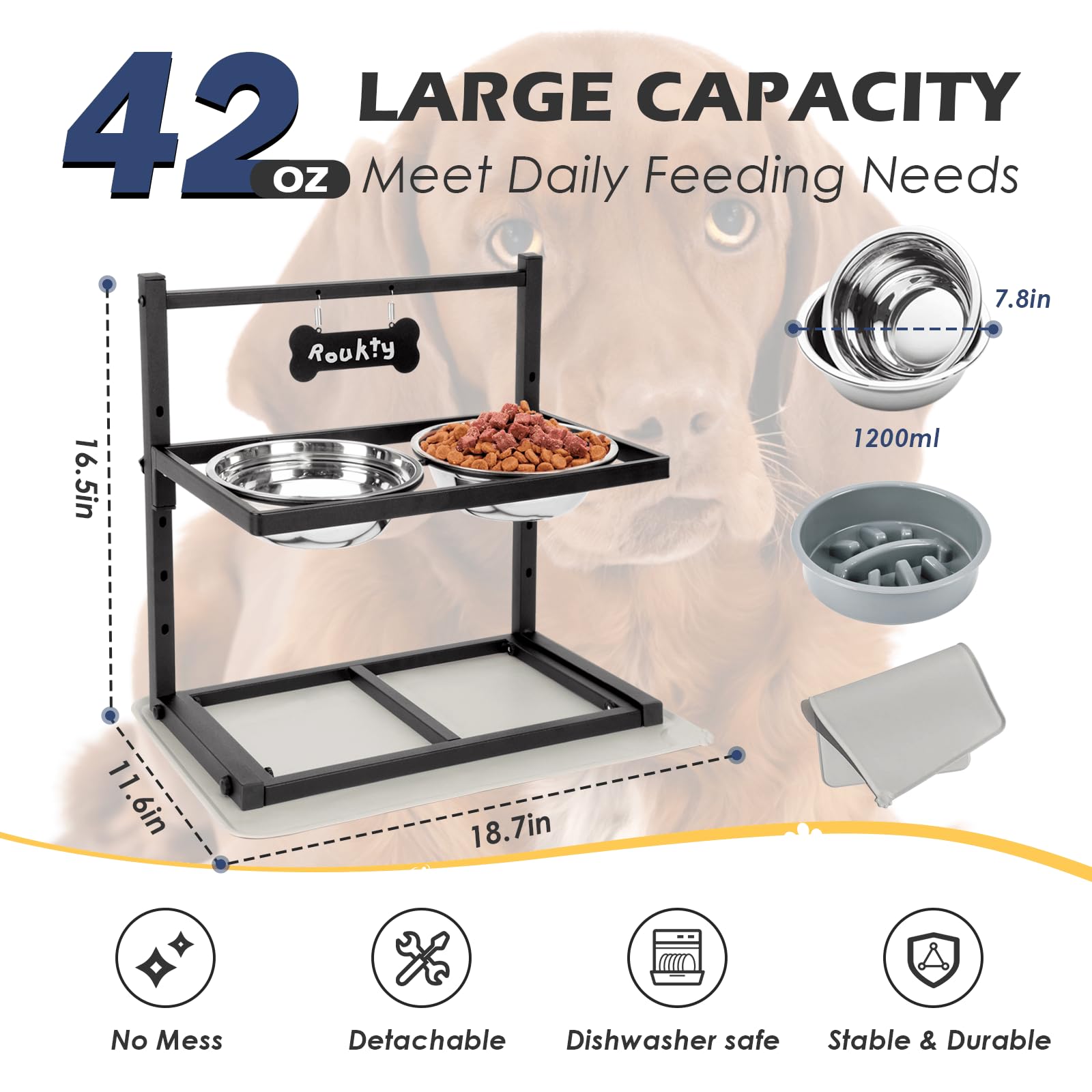 **Elevated Dog Bowls with Slow Feeder - 5 Adjustable Heights, Anti-Slip Base, Durable Metal Frame, Spill-Proof Mat & Rust-Resistant Bowls - Easy to Clean for Large & Small Dogs - Perfect for Mealtime & Digestion Support**    (Note: 