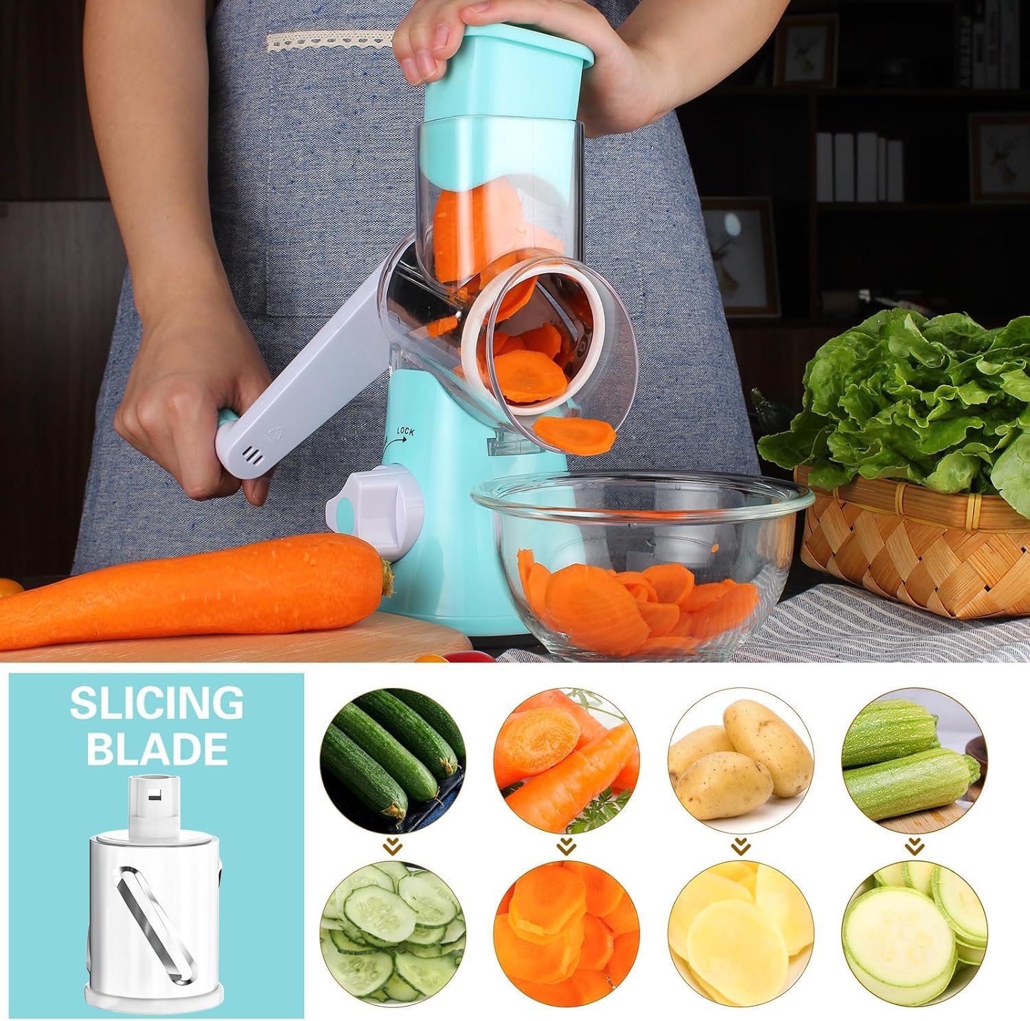 Cambom Rotary Cheese Grater - Hand Crank Cheese Shredder for Fresh Cheese, Vegetables, Nuts - Non-Slip Suction Base with Free Cleaning Brush & 3 Blades (Blue) - Perfect for Pizza, Pasta, Salads & Cooking Prep