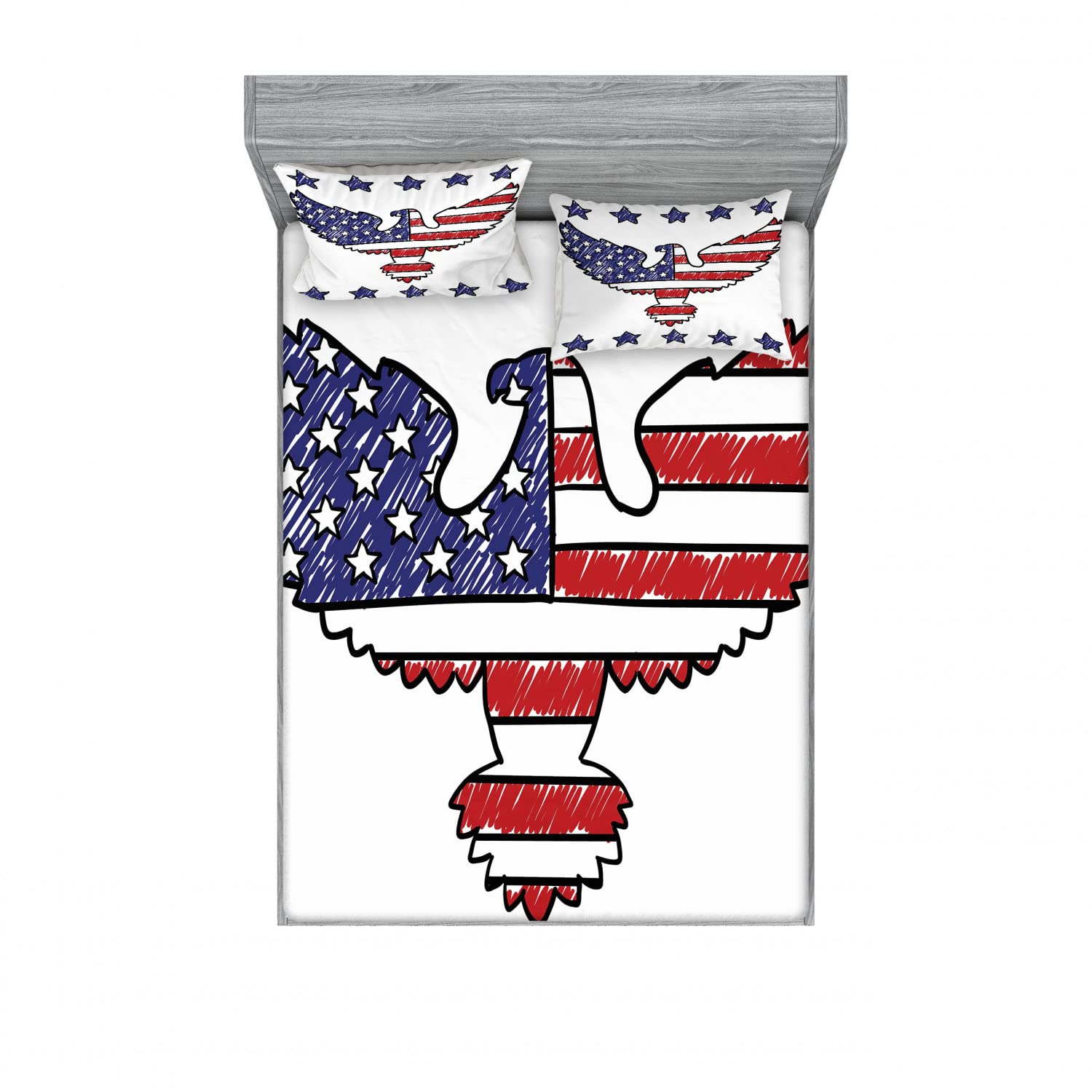 Ambesonne 2-Pack Fitted Sheet & Pillow Sham Set - Patriotic Eagle Design, 4-Piece Bedding Decor (2 Twin XL Fitted Sheets & 4 Pillow Covers) in Red & Blue - Perfect for Dorm Rooms, Guest Beds & Patriotic Home Decor