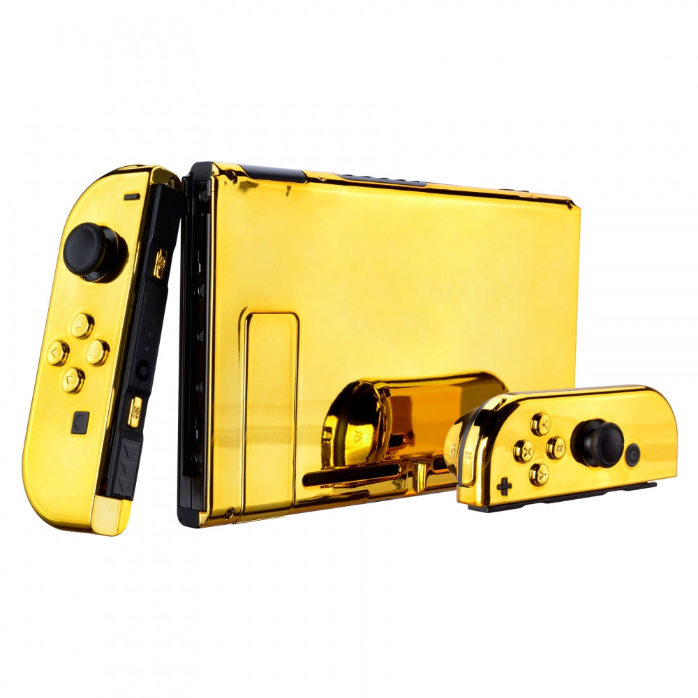 eXtremeRate Chrome Gold Nintendo Switch Joycon Controller Shell - Full Set DIY Replacement Back Plate with Buttons for Handheld Gaming | Perfect for Custom Mods & Console Upgrades