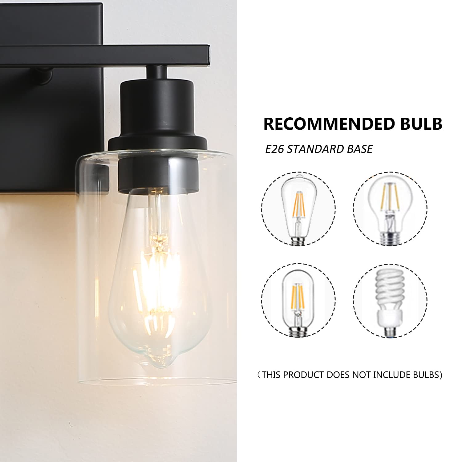 EMONG 2-Light Matte Black Bathroom Vanity Light Fixture with Glass Shade - Modern Wall Sconce Lighting for Bathroom, Mirror, Farmhouse & Hallway - Perfect for Vanity Makeup, Shaving & Ambient Lighting