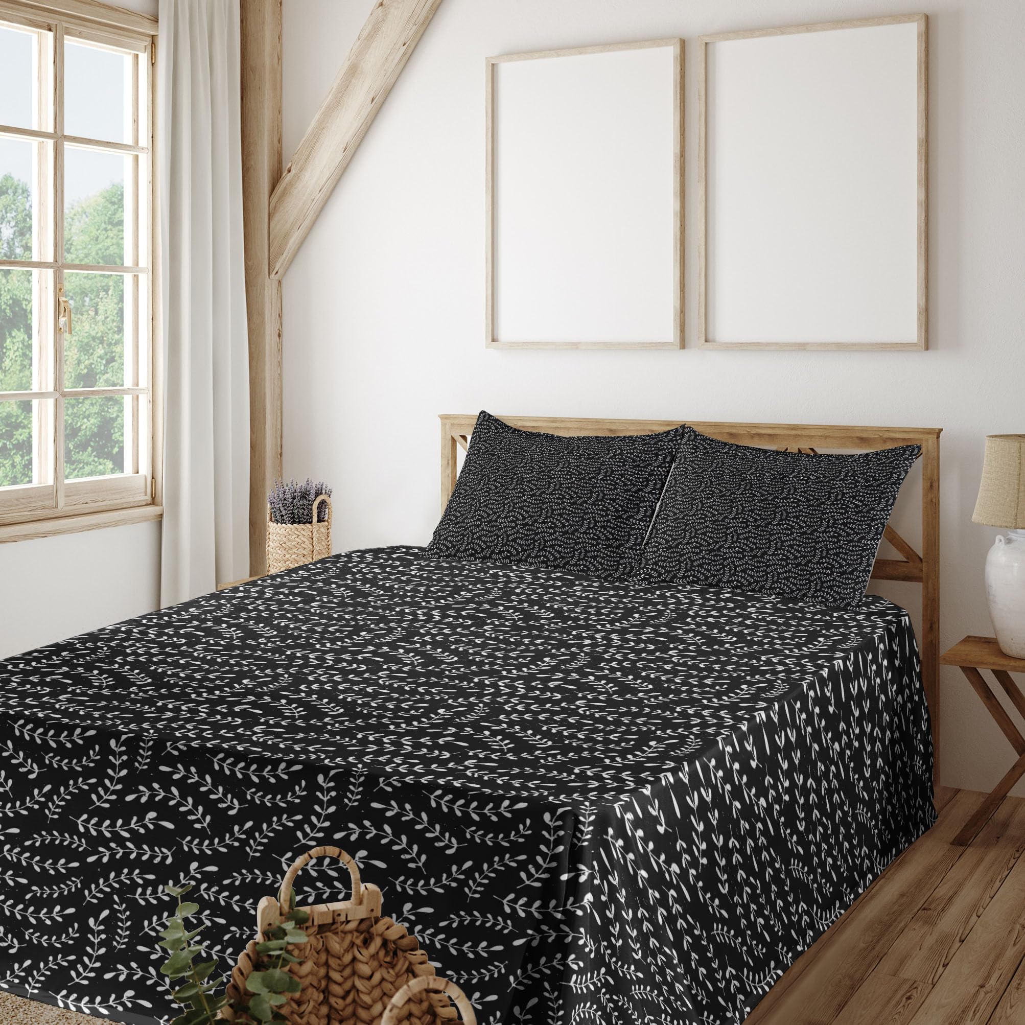 Ambesonne Abstract Laurel Plant Silhouette Bed Sheet Set - 4 Piece King Size with Fitted Sheet, Flat Sheet & Pillowcases - Grunge Pattern Monochrome Illustration in Charcoal Grey & Pearl - Perfect for Modern Bedrooms, Guest Rooms & Bohemian Home Decor